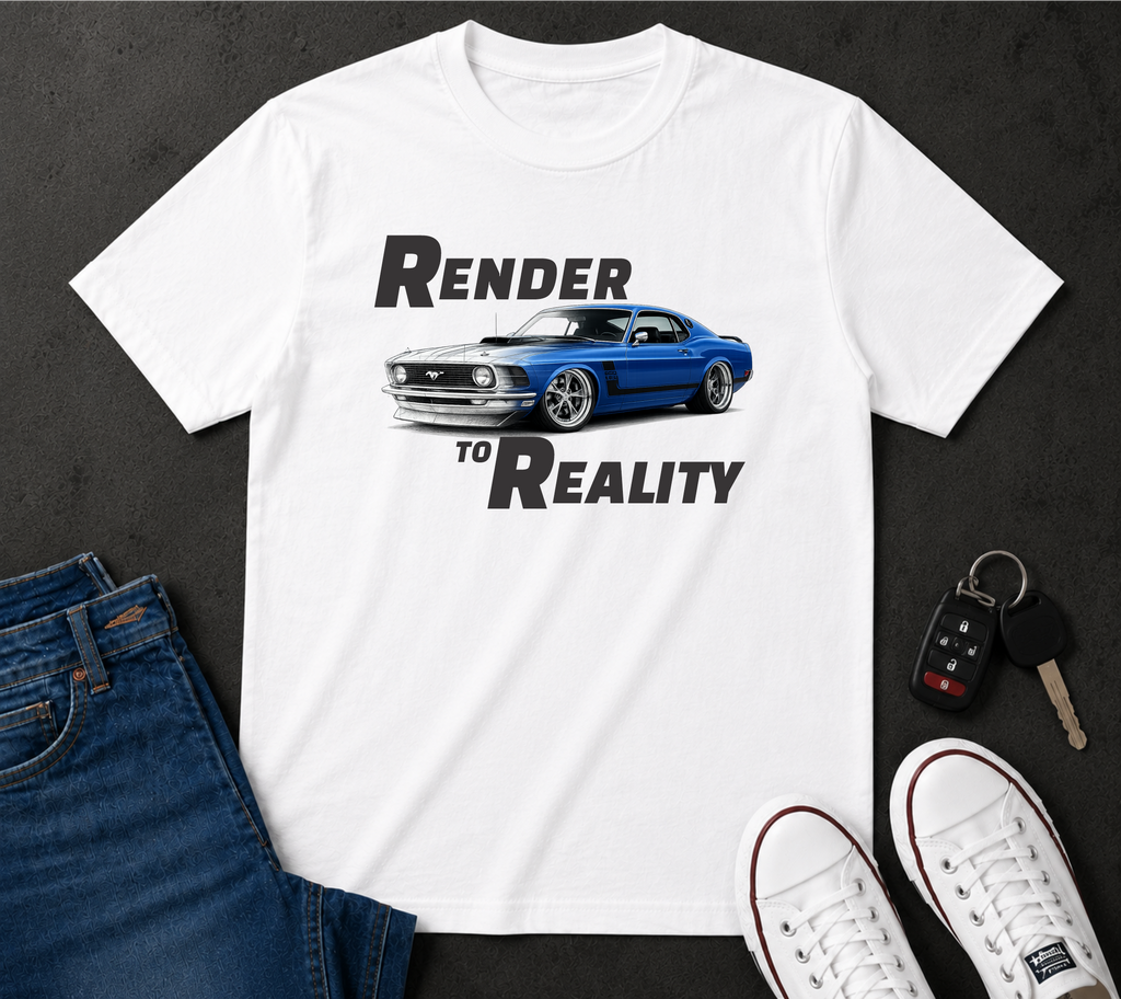 Render to Reality Car T-Shirt — Vintage Blue Muscle Car Graphic Tee