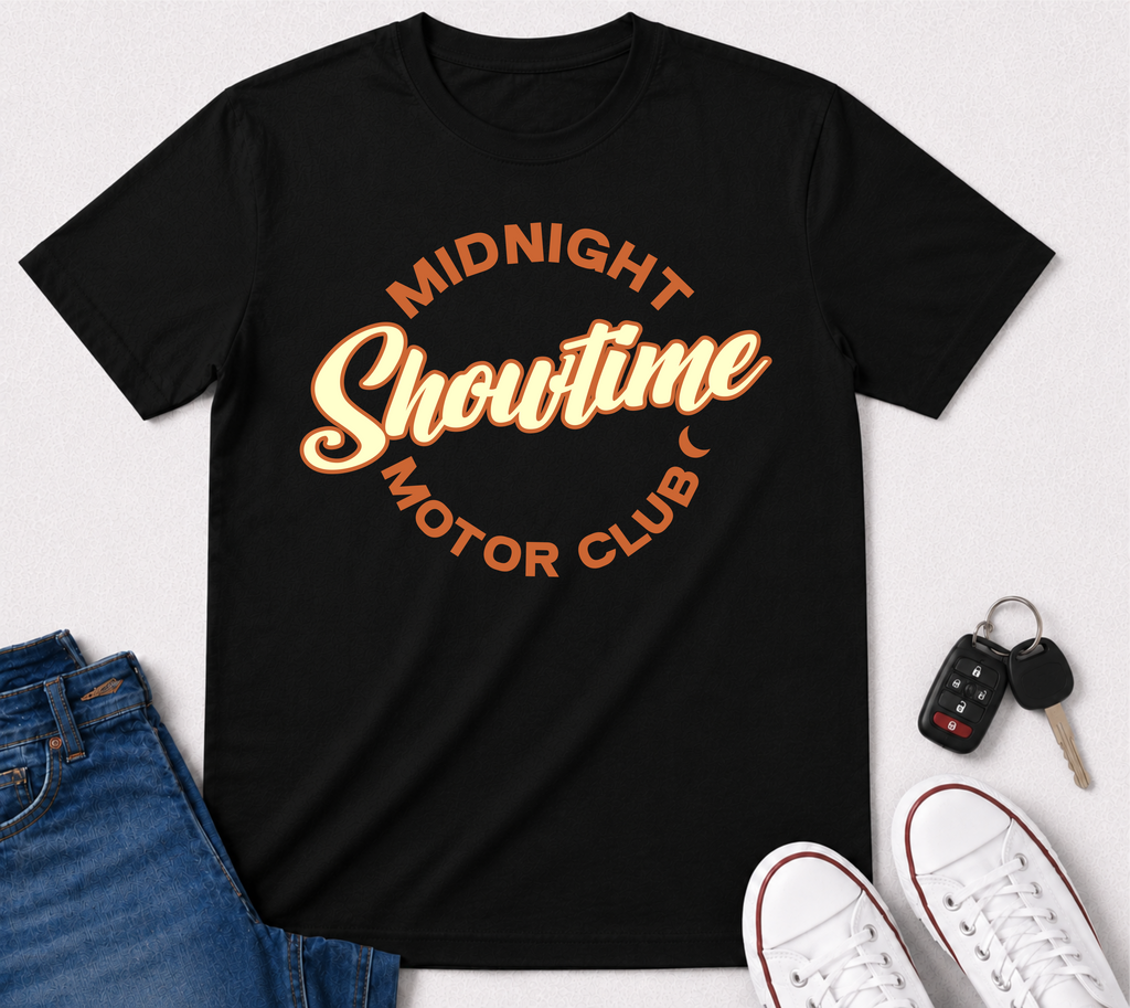 Shirt — "Midnight Showtime Motor Club" Retro Script Tee