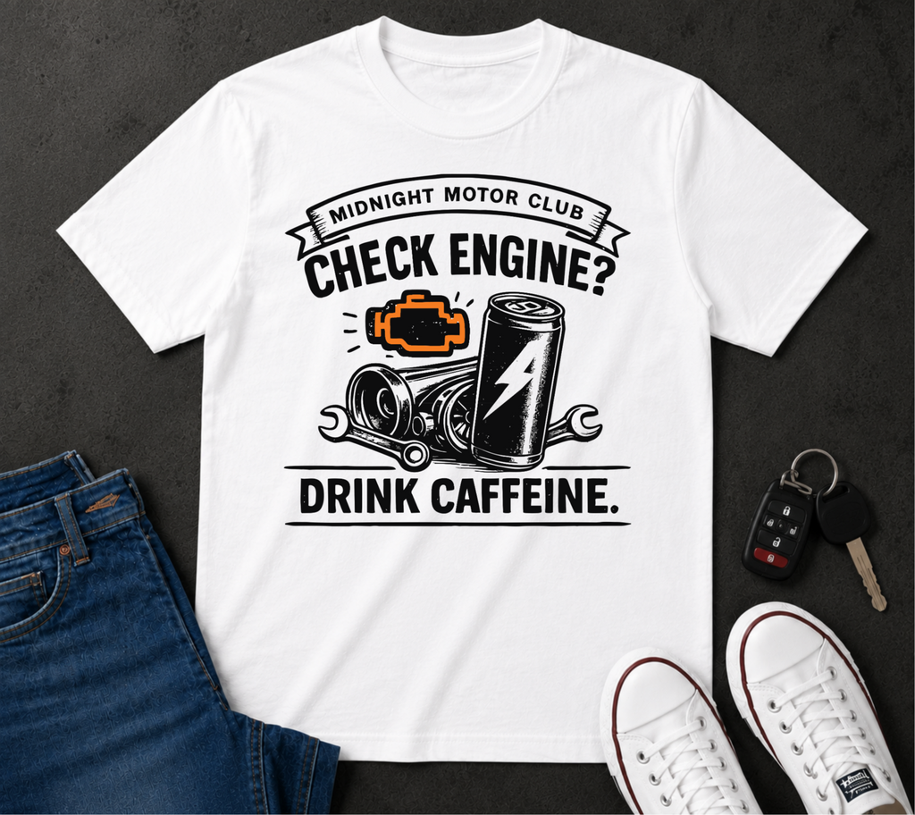 Check Engine? Drink Caffeine. T-Shirt — Mechanics & Car Lovers Racing Tee