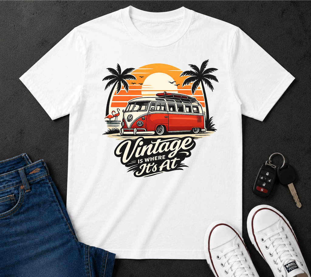 Vintage VW Camper Sunset T-Shirt — "Vintage Is Where It’s At"