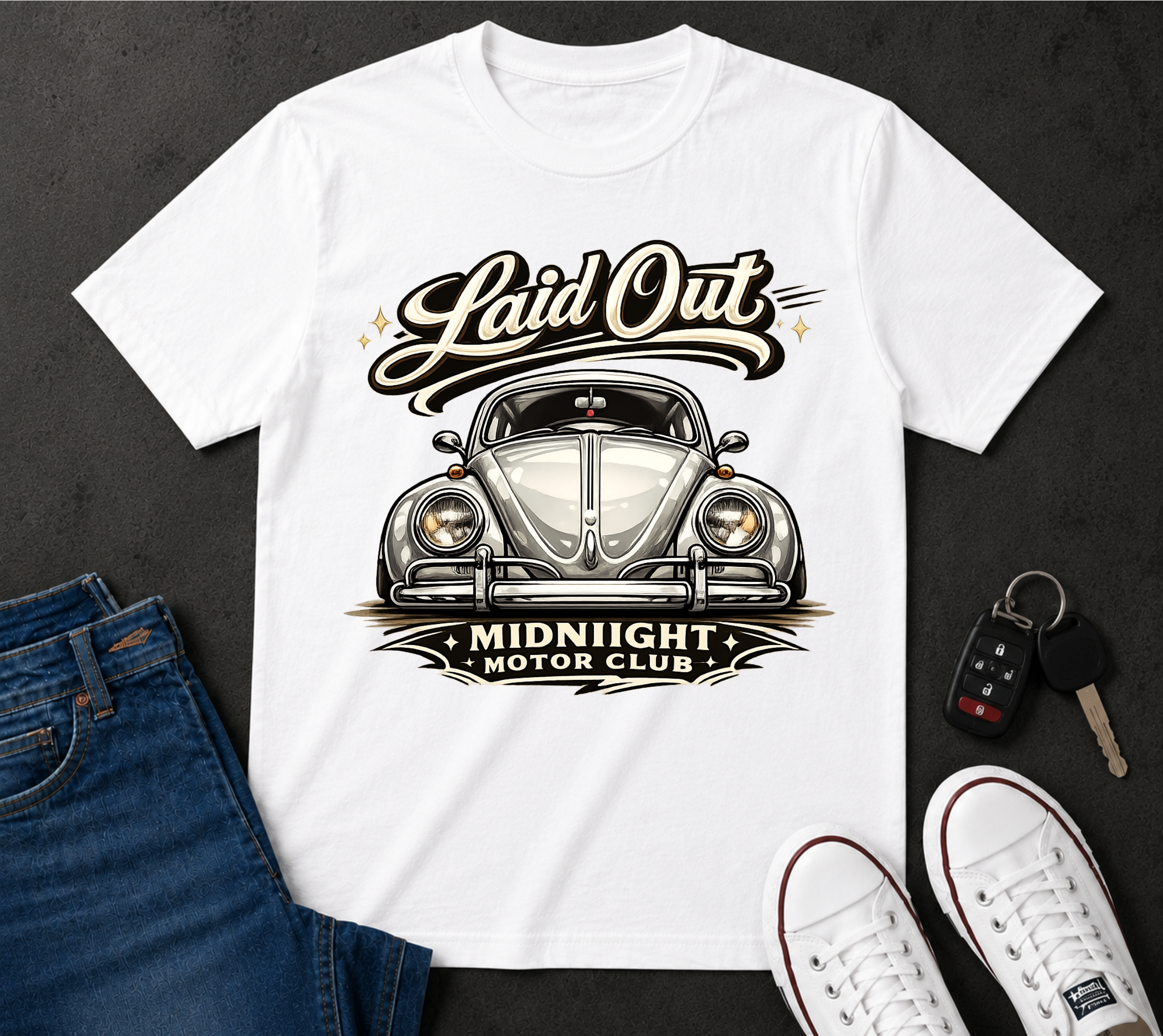 Laid Out Midnight Motor Club T-Shirt – Vintage Volkswagen Beetle Car Tee