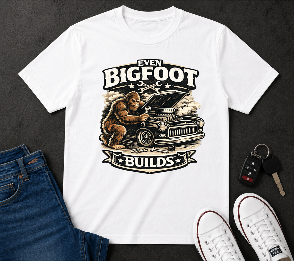 Bigfoot Builds T‑Shirt — Vintage Sasquatch Hot Rod Mechanic Tee