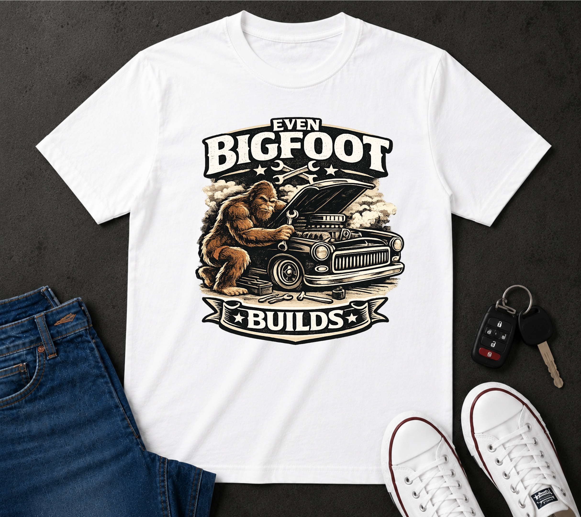 Bigfoot Builds T‑Shirt — Vintage Sasquatch Hot Rod Mechanic Tee