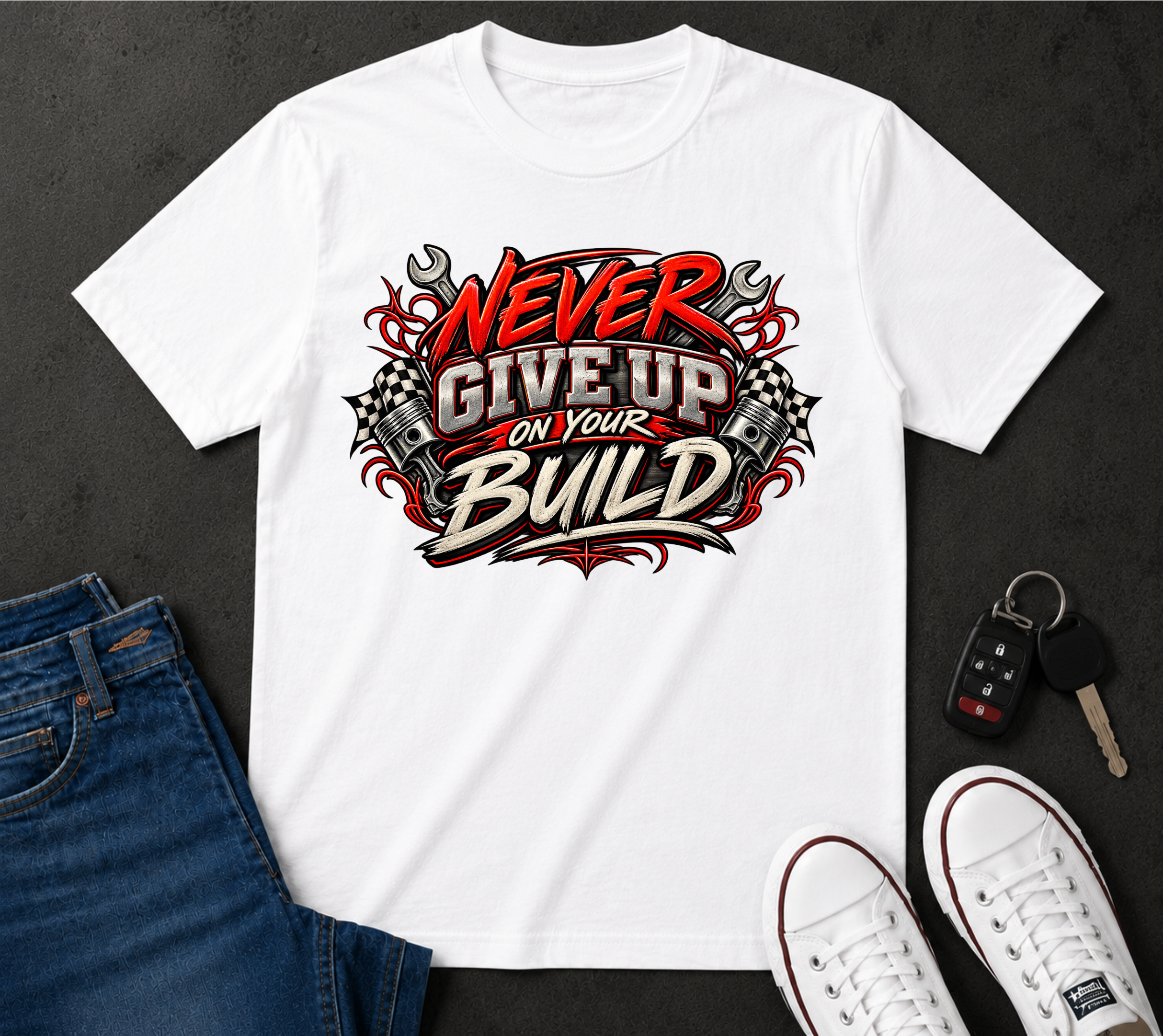 Never Give Up On Your Build T-Shirt — Mechanics & DIY Garage Shirt