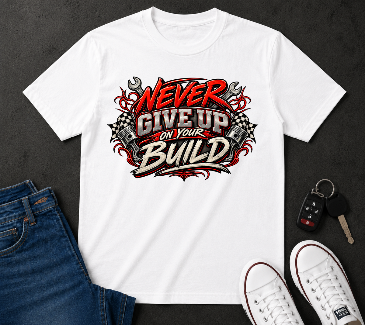 Never Give Up On Your Build T-Shirt — Mechanics & DIY Garage Shirt