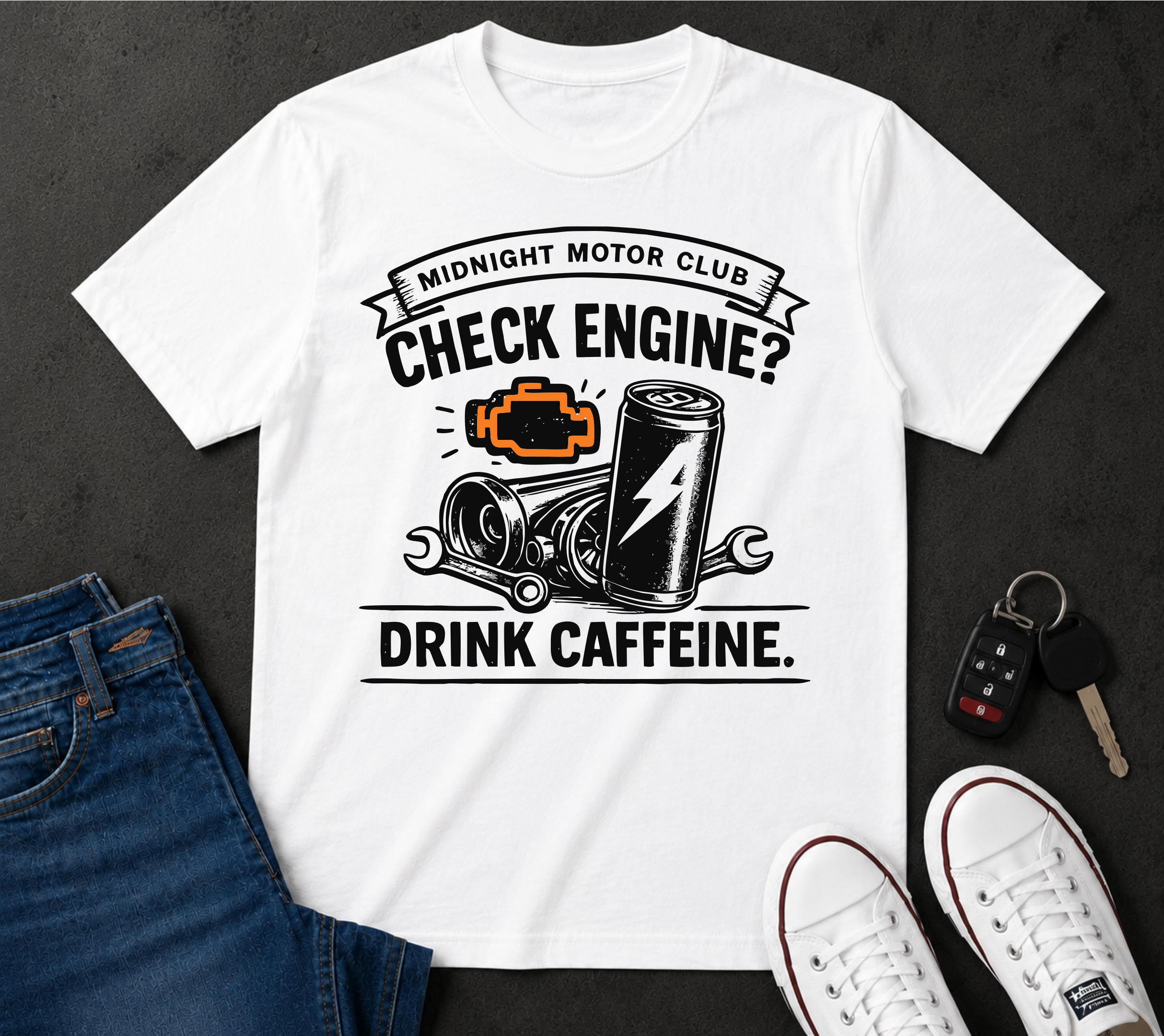 Check Engine? Drink Caffeine. T-Shirt — Mechanics & Car Lovers Racing Tee