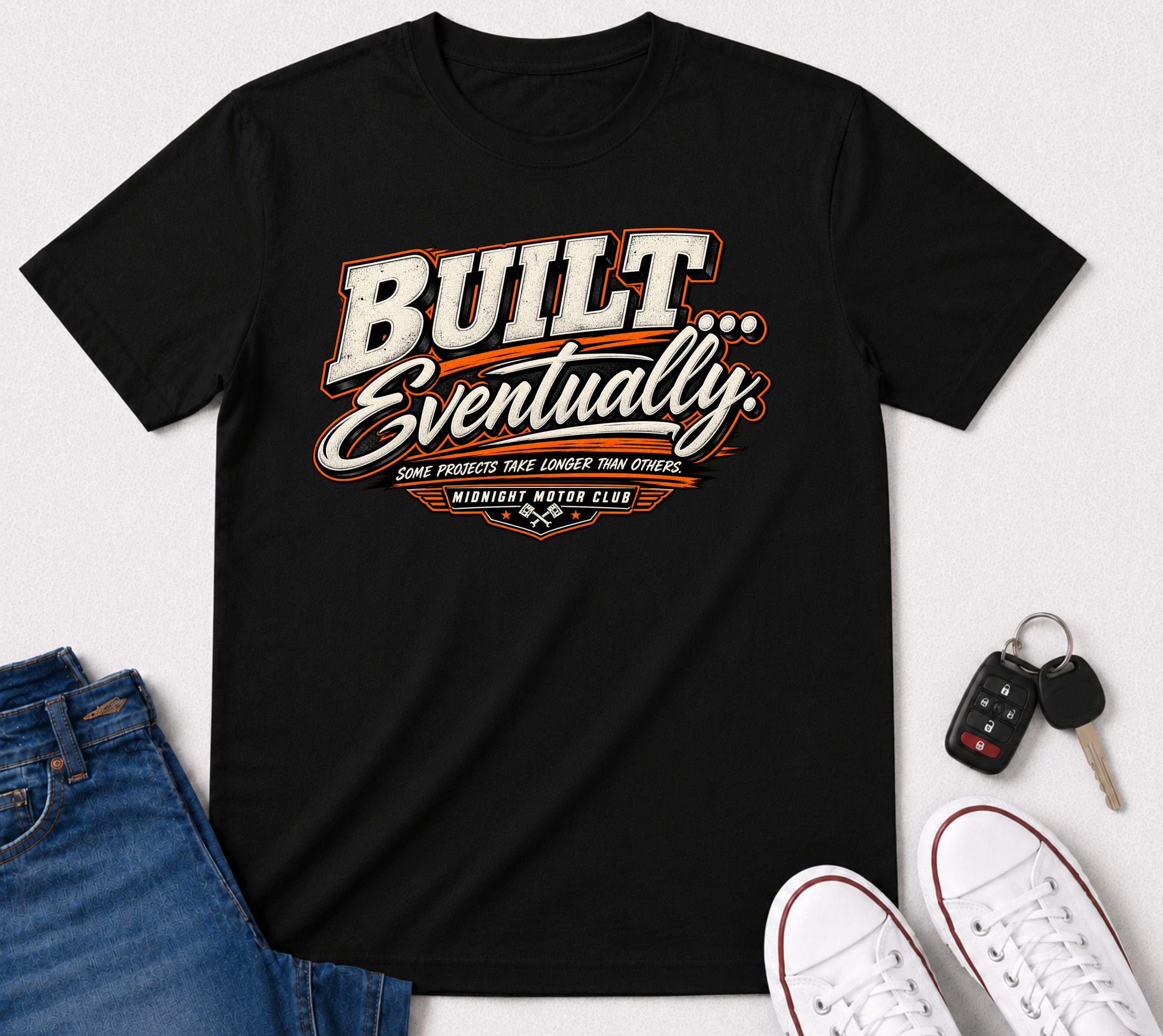 Built... Eventually. T-Shirt — Vintage Mechanic Garage Tee