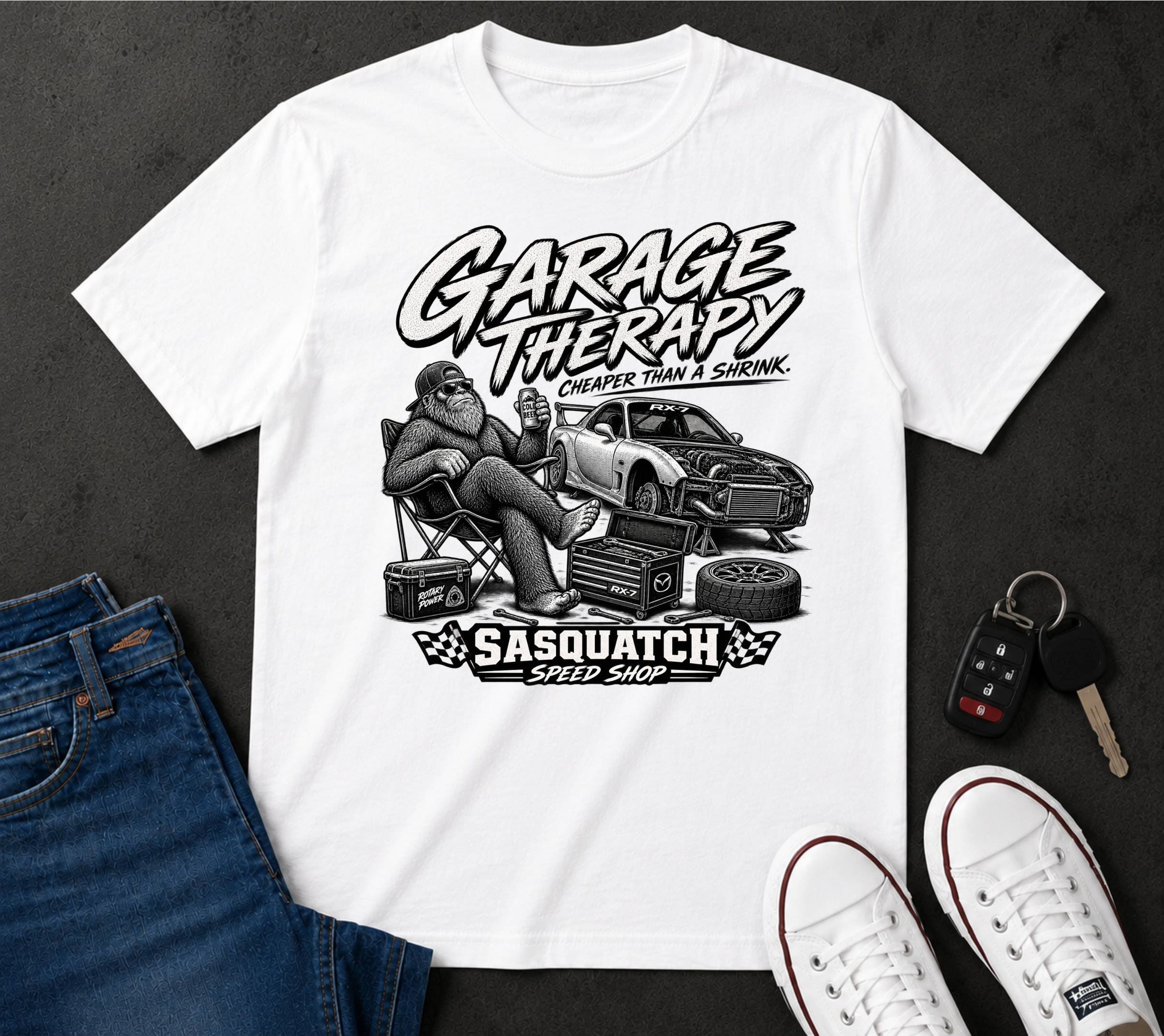 Garage Therapy T-Shirt — "Garage Therapy: Cheaper Than a Shrink" Sasquatch Speed Shop Tee