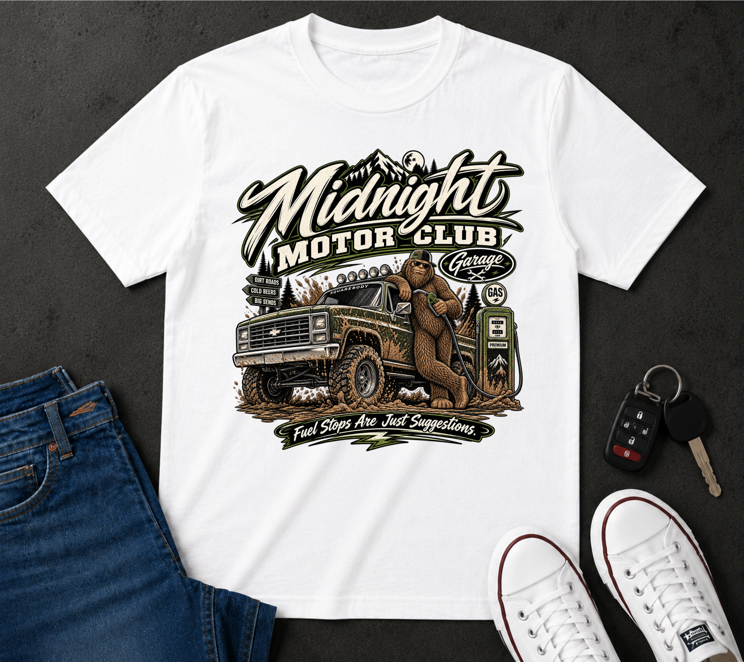 Midnight Motor Club T-Shirt — Vintage Truck & Bigfoot Graphic
