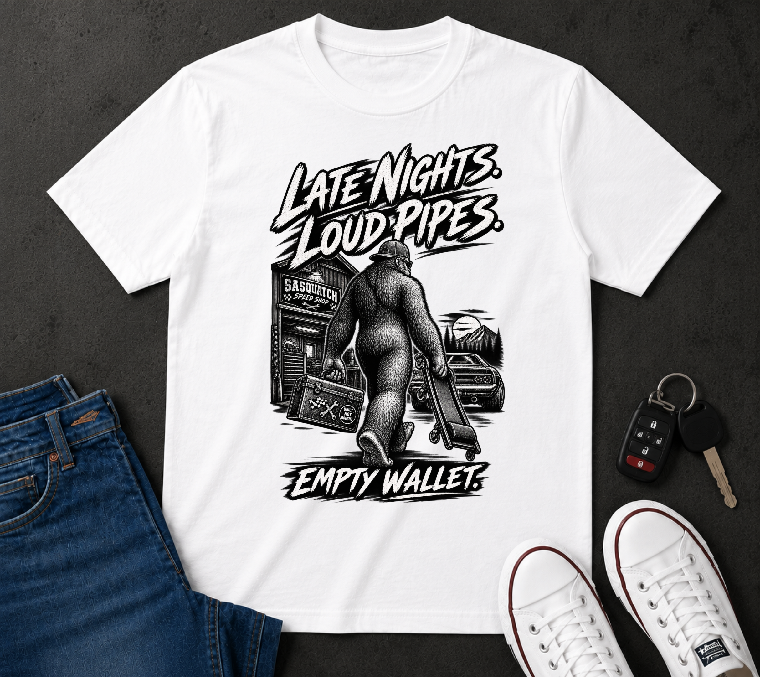 T-Shirt — "Late Nights, Loud Pipes, Empty Wallet" Retro Motorcycle Graphic
