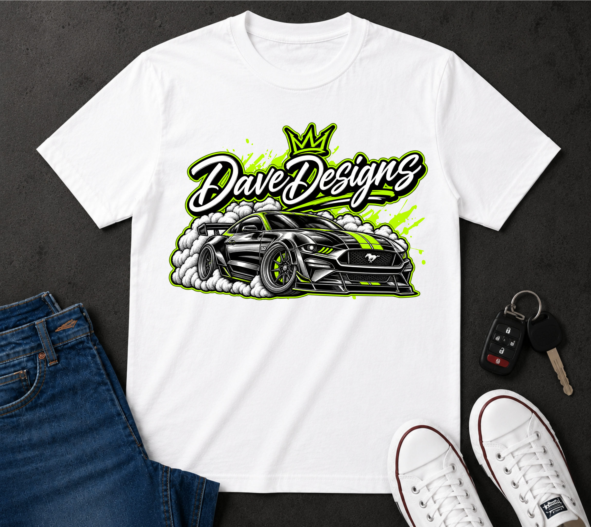 Sports Car Graphic T-Shirt — "Dave Designs" Neon Drift Racing Tee