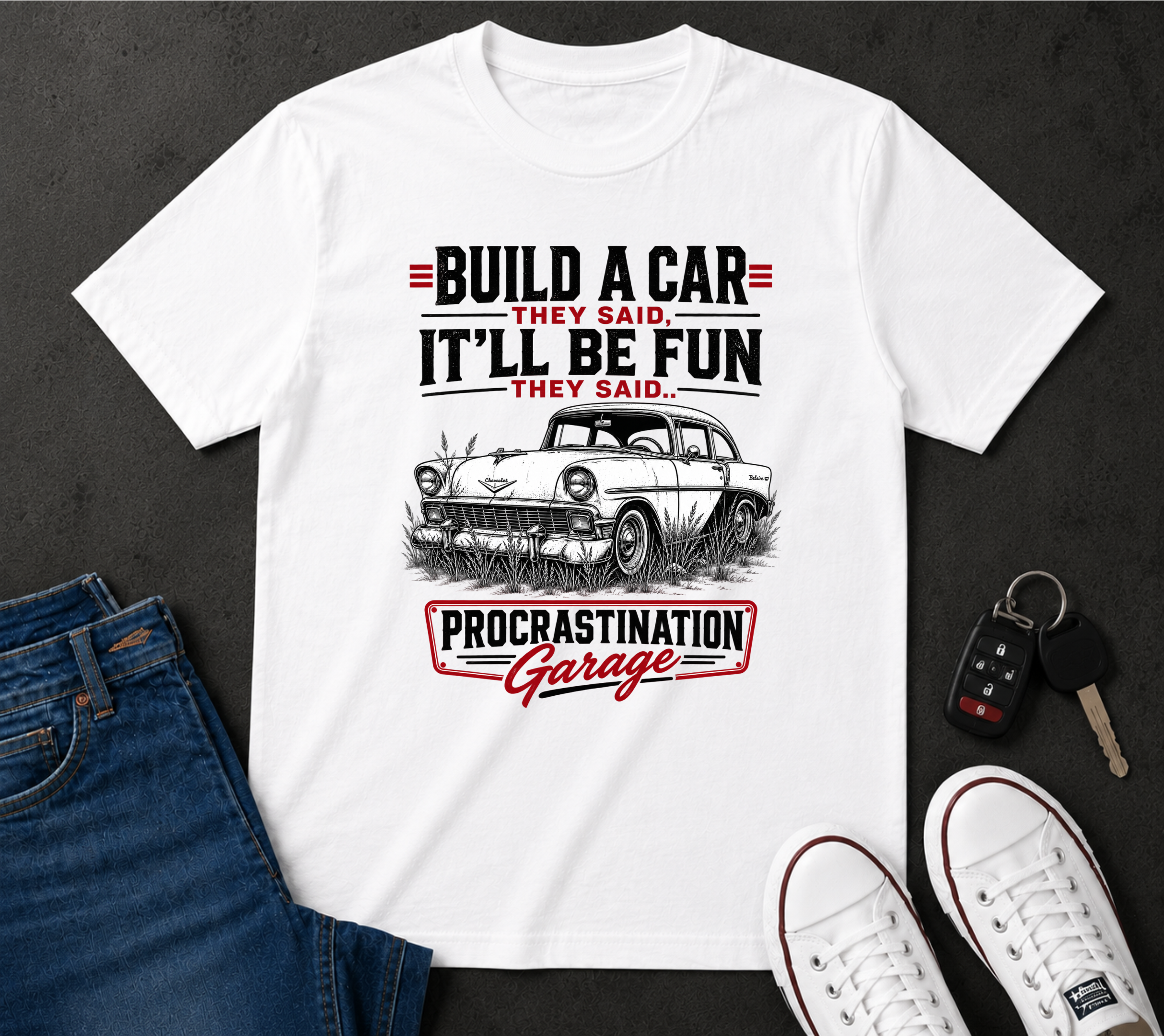 T‑Shirt — "Build a Car They Said, It'll Be Fun" Vintage Procrastination Garage Tee