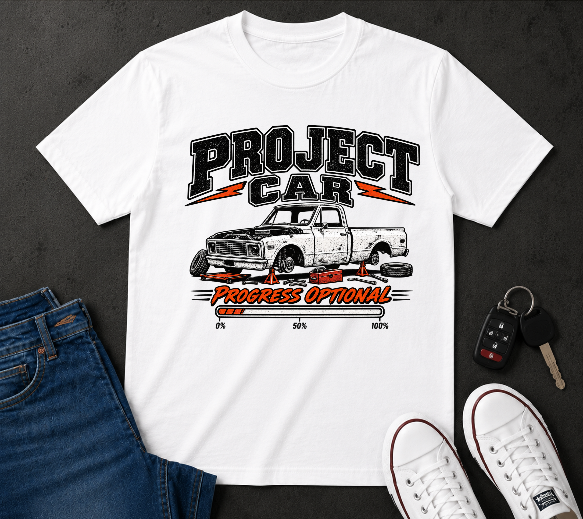 Project Car Graphic T-Shirt — "Progress Optional" Vintage Truck Tee