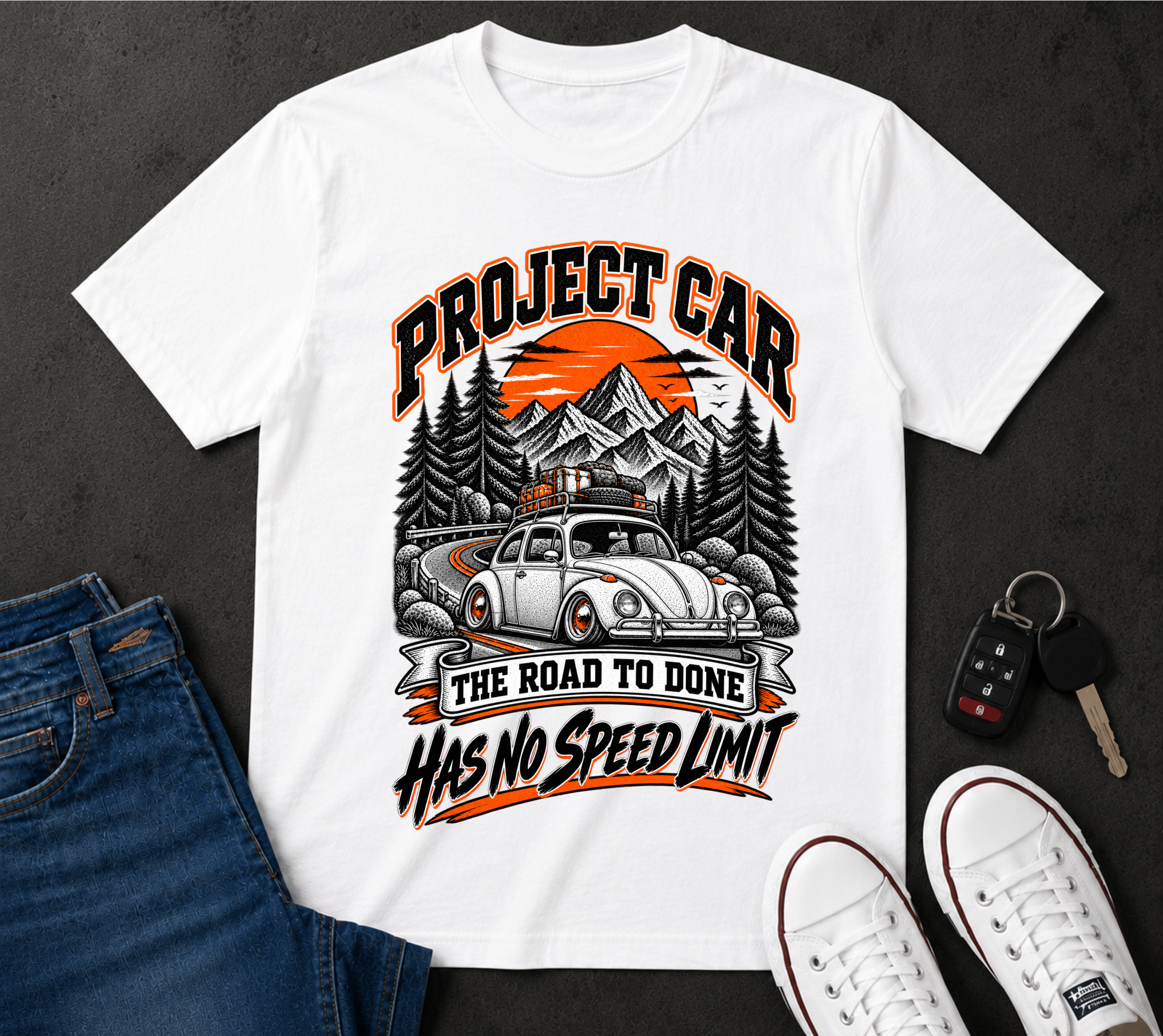 Project Car "Has No Speed Limit" T-Shirt — Vintage Beetle Road Trip Tee