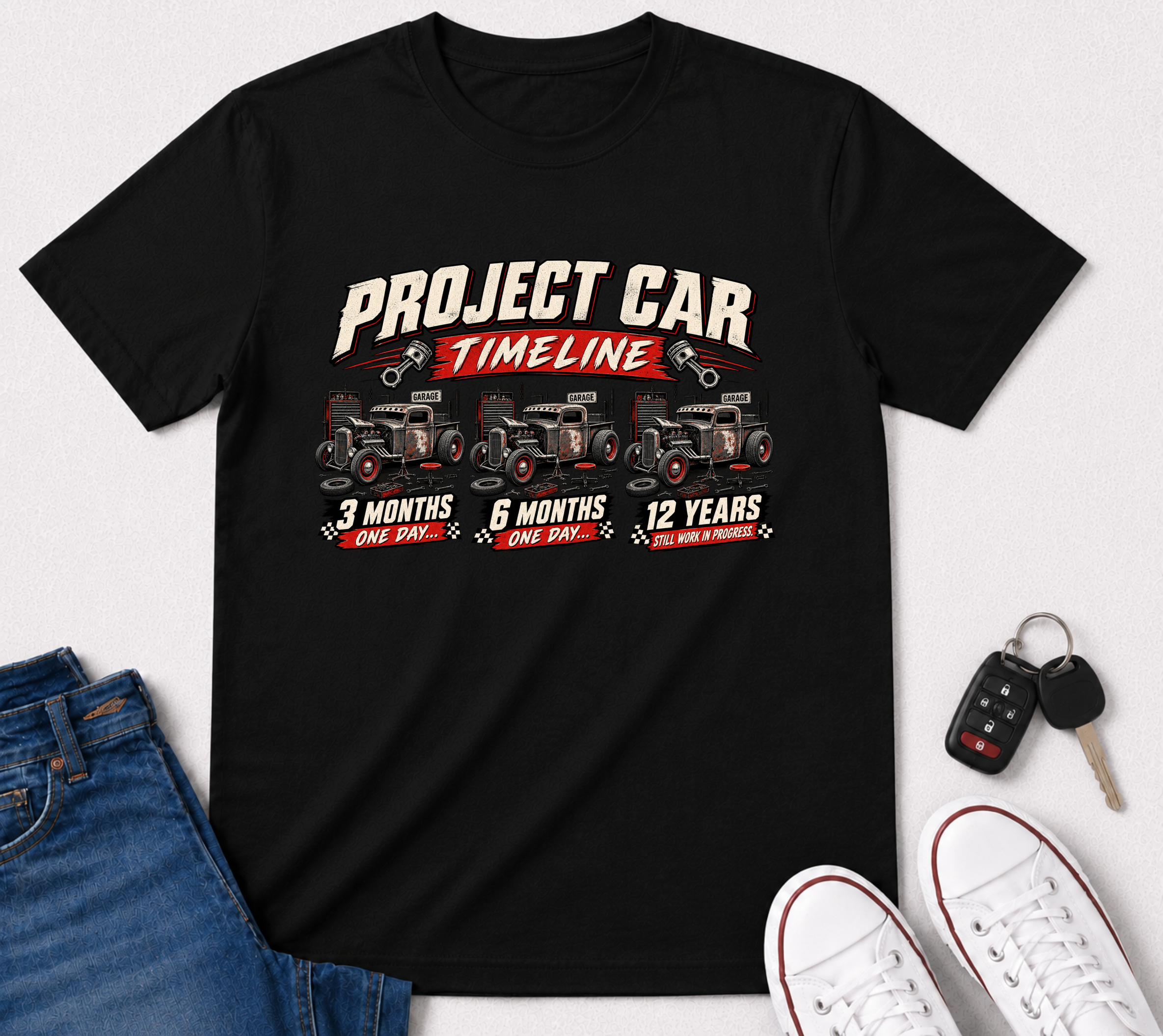 T-Shirt — "Project Car Timeline" Vintage Mechanic Tee