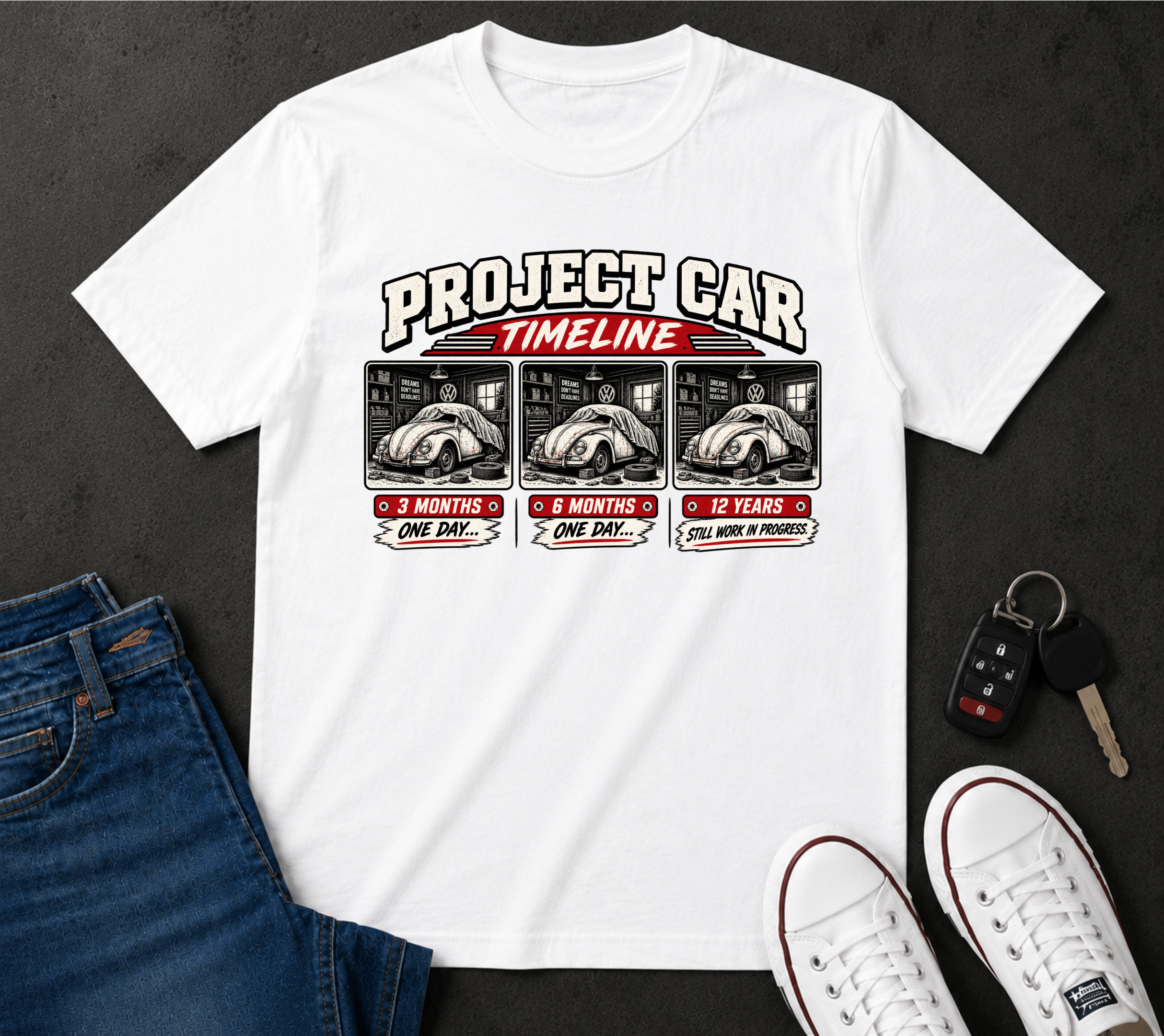 Project Car Timeline T-Shirt – Funny Car Restoration Tee ("3 Months, 6 Months, 12 Years")