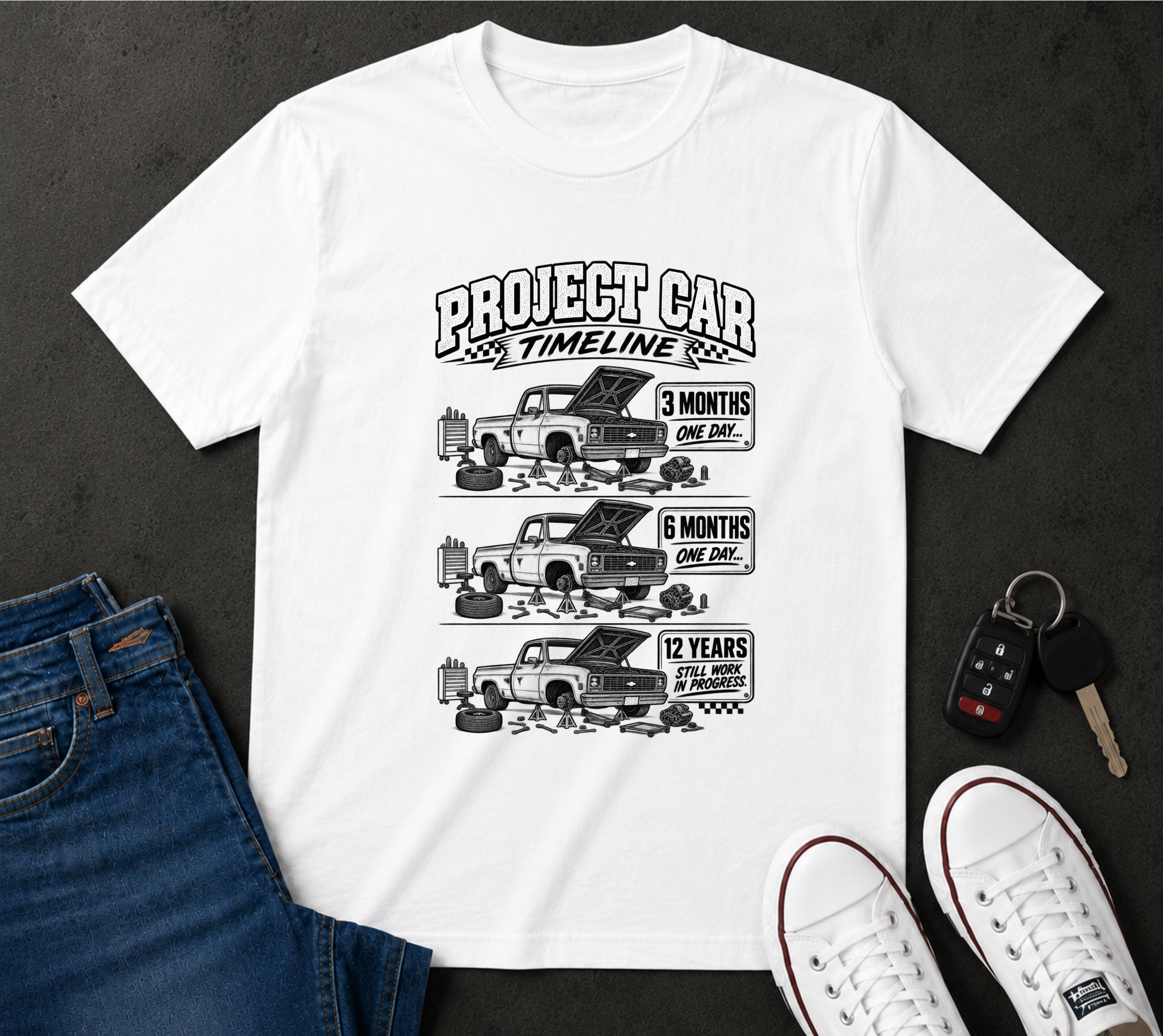 Project Car Timeline T-Shirt – Funny Mechanic Restoration Shirt