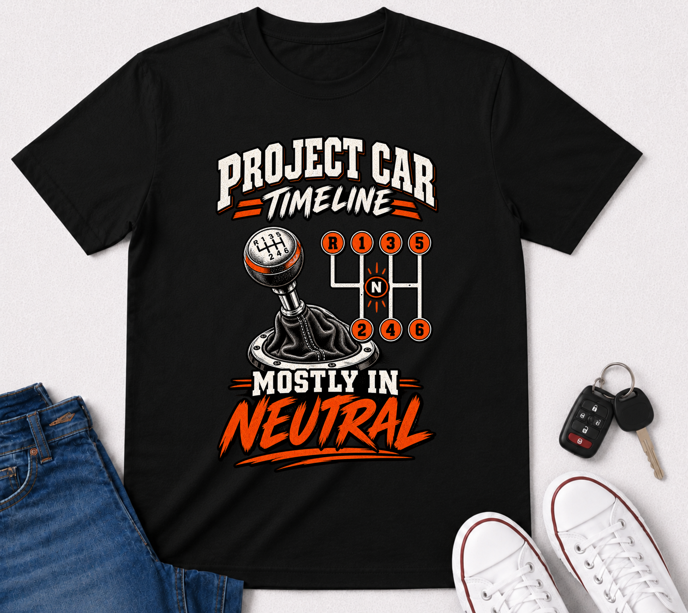 Project Car Timeline T-Shirt — "Mostly in Neutral" Manual Gearhead Tee