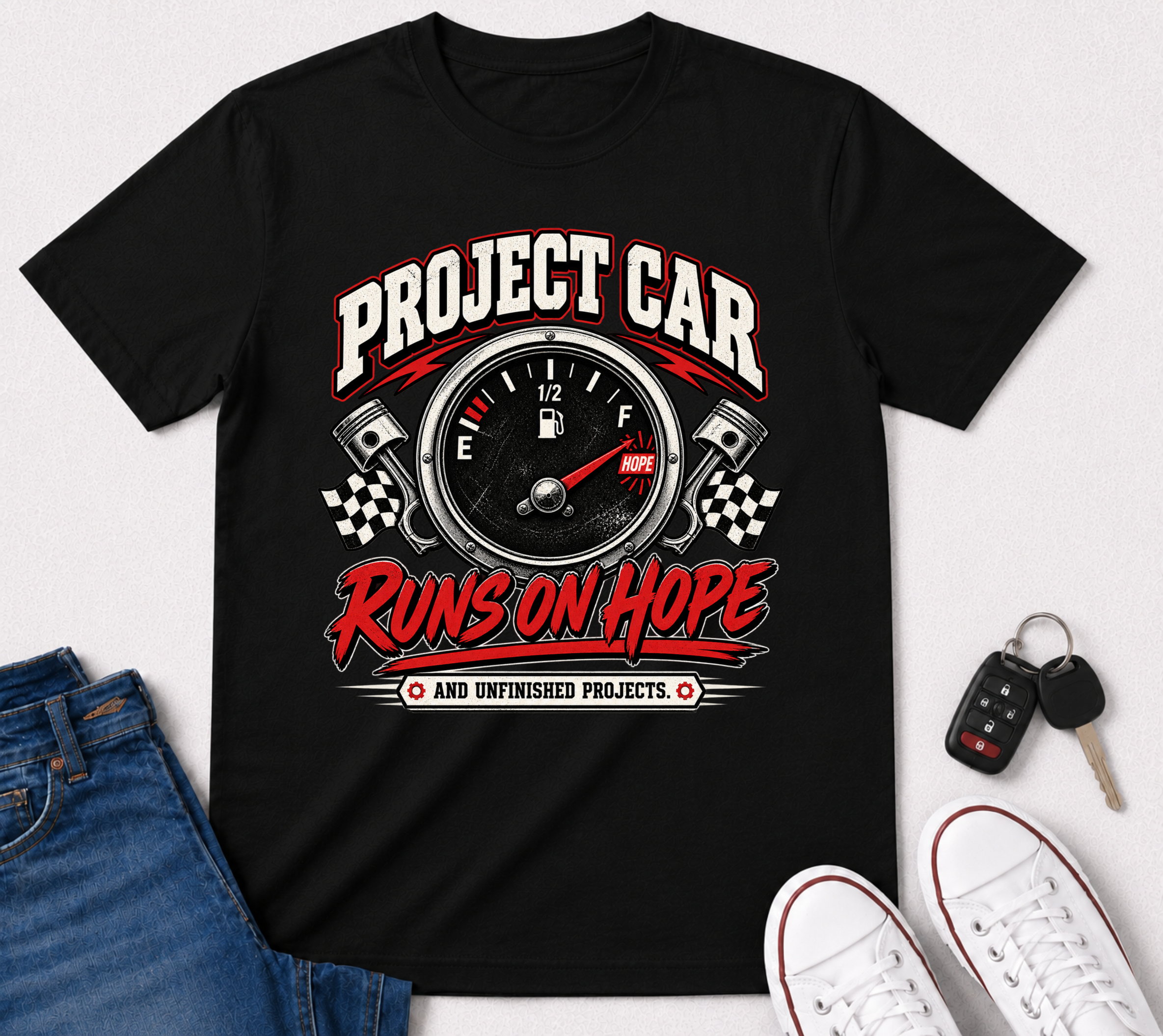 Project Car Runs on Hope T-Shirt — Funny Gearhead Tee for DIY Car Lovers