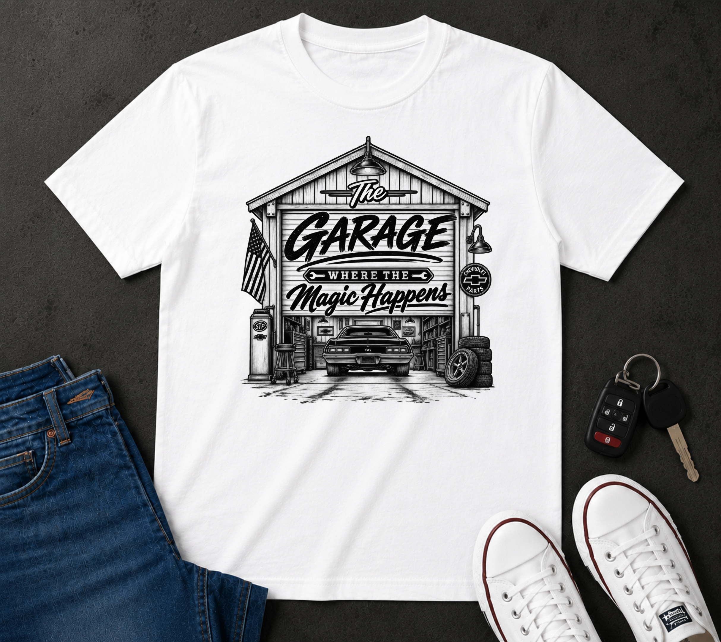 Garage T-Shirt — "The Garage Where the Magic Happens" Vintage Car Shop Tee