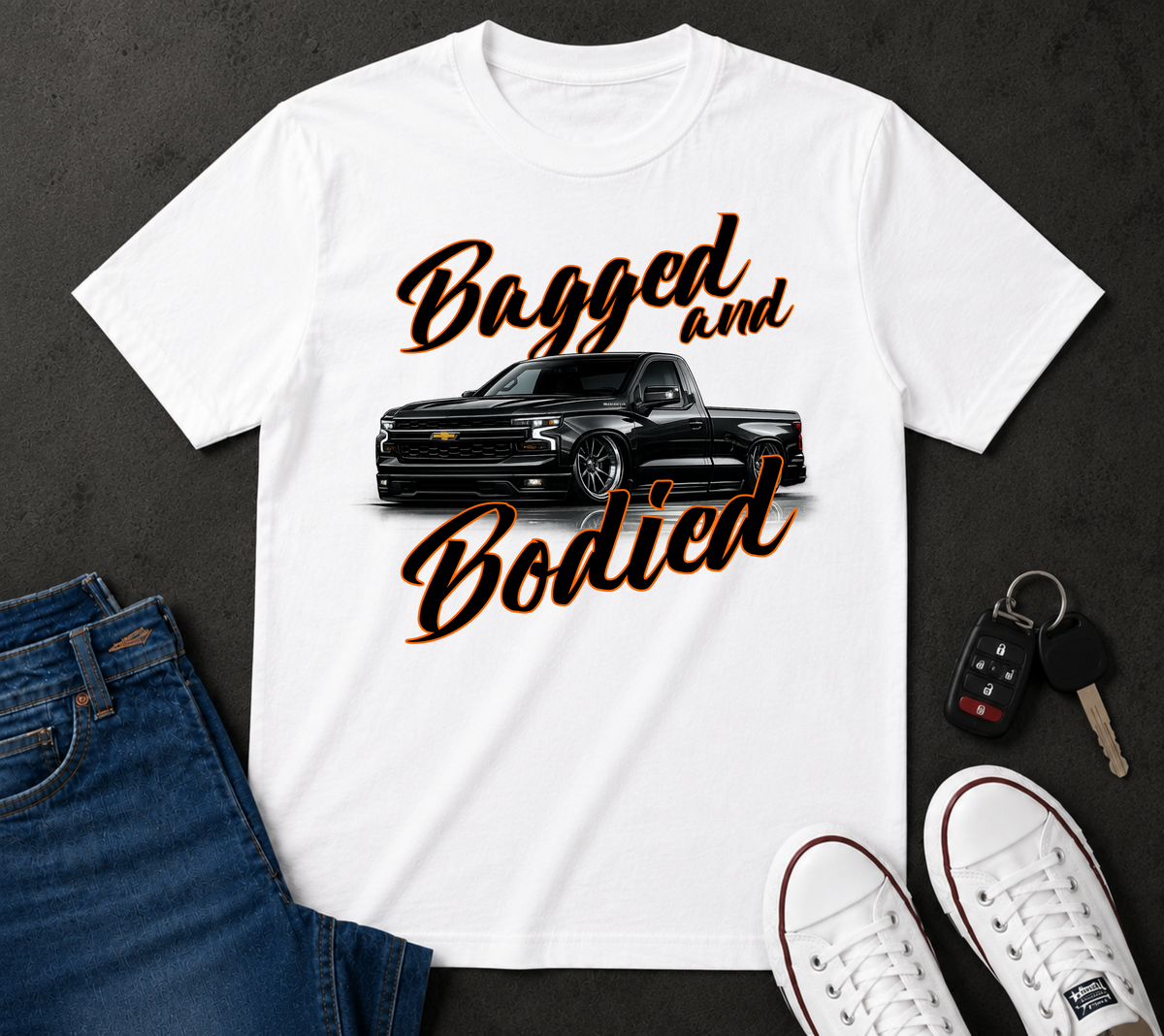 Bagged and Bodied Truck T-Shirt — Lowered Chevy Pickup Crew Tee