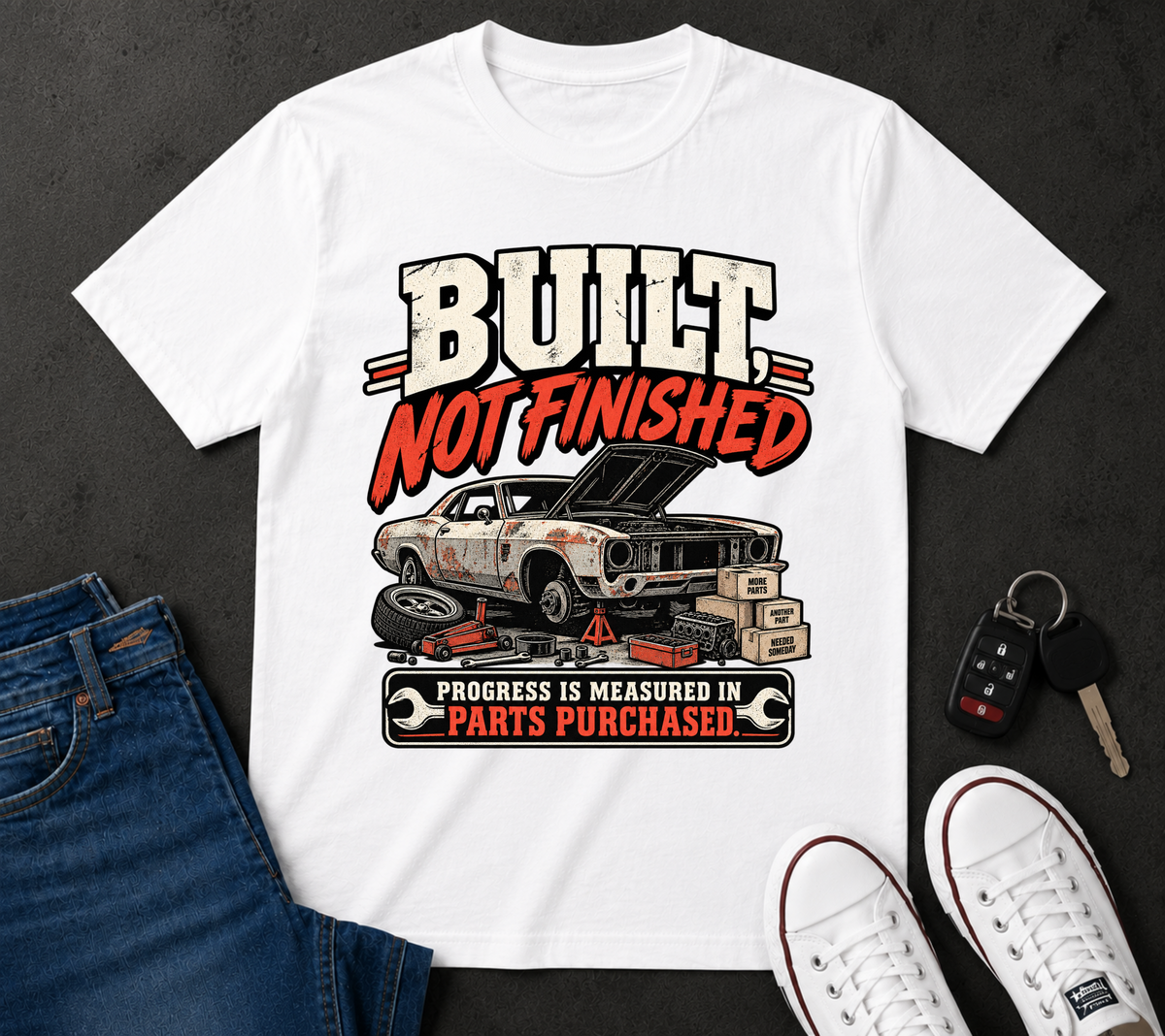 Built Not Finished Car T-Shirt — Funny Muscle Car Restoration Tee ("Progress Is Measured in Parts Purchased")