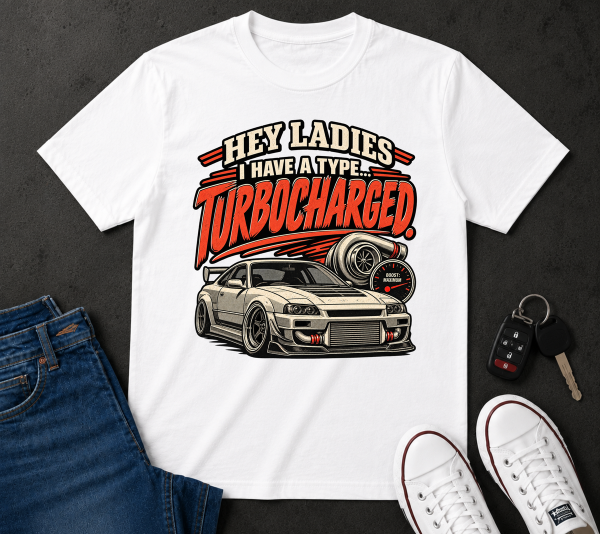 'Turbocharged Car Enthusiast – Hey Ladies I Have a Type' Graphic Car Life Tee