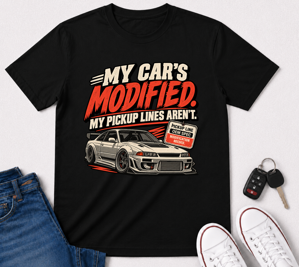 “My Car’s Modified, My Pickup Lines Aren’t” Graphic Funny Car Life Tee