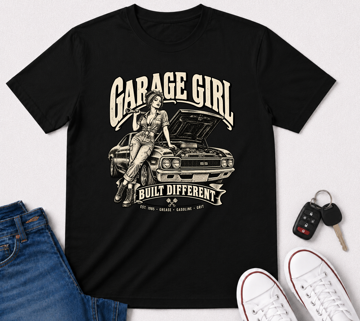 Garage Girl T-Shirt — "Built Different" Vintage Car Tee