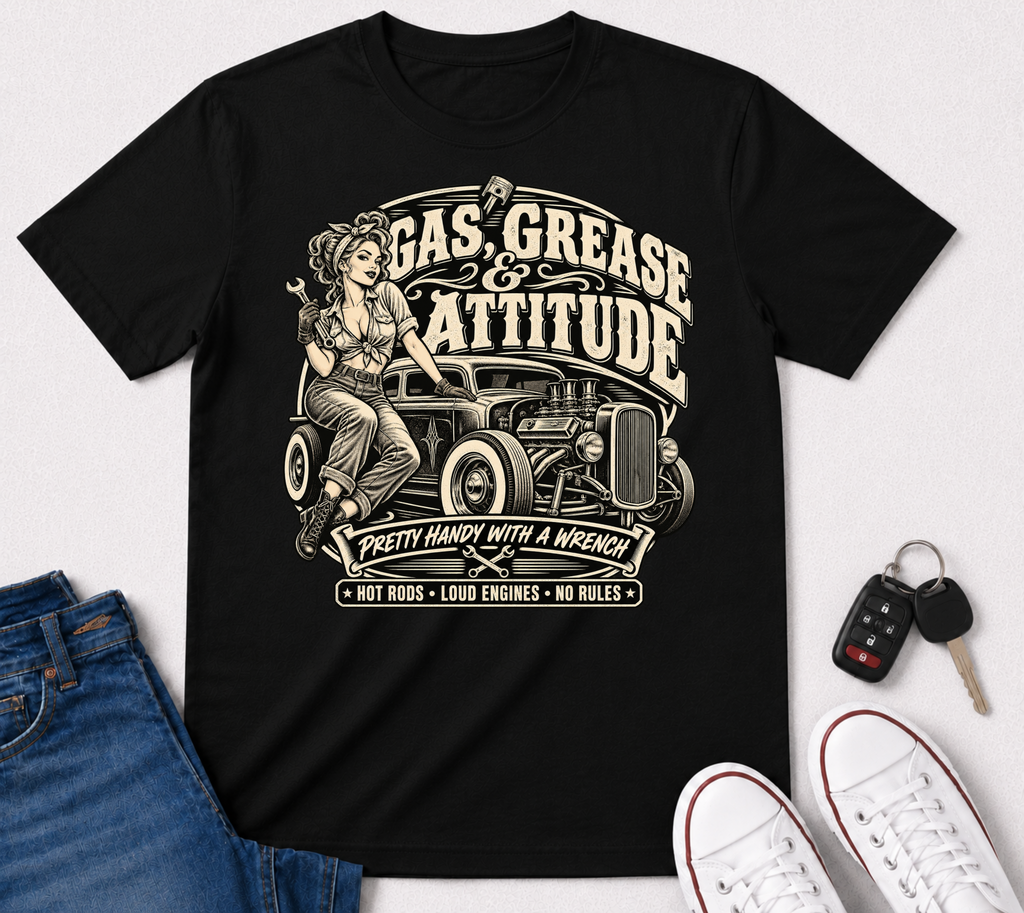 Gas, Grease & Attitude T-Shirt — Vintage Hot Rod Pinup Auto Mechanic Tee