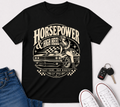 Horsepower & High Heel Car Tee — Vintage Pinup Muscle Car Graphic T-Shirt