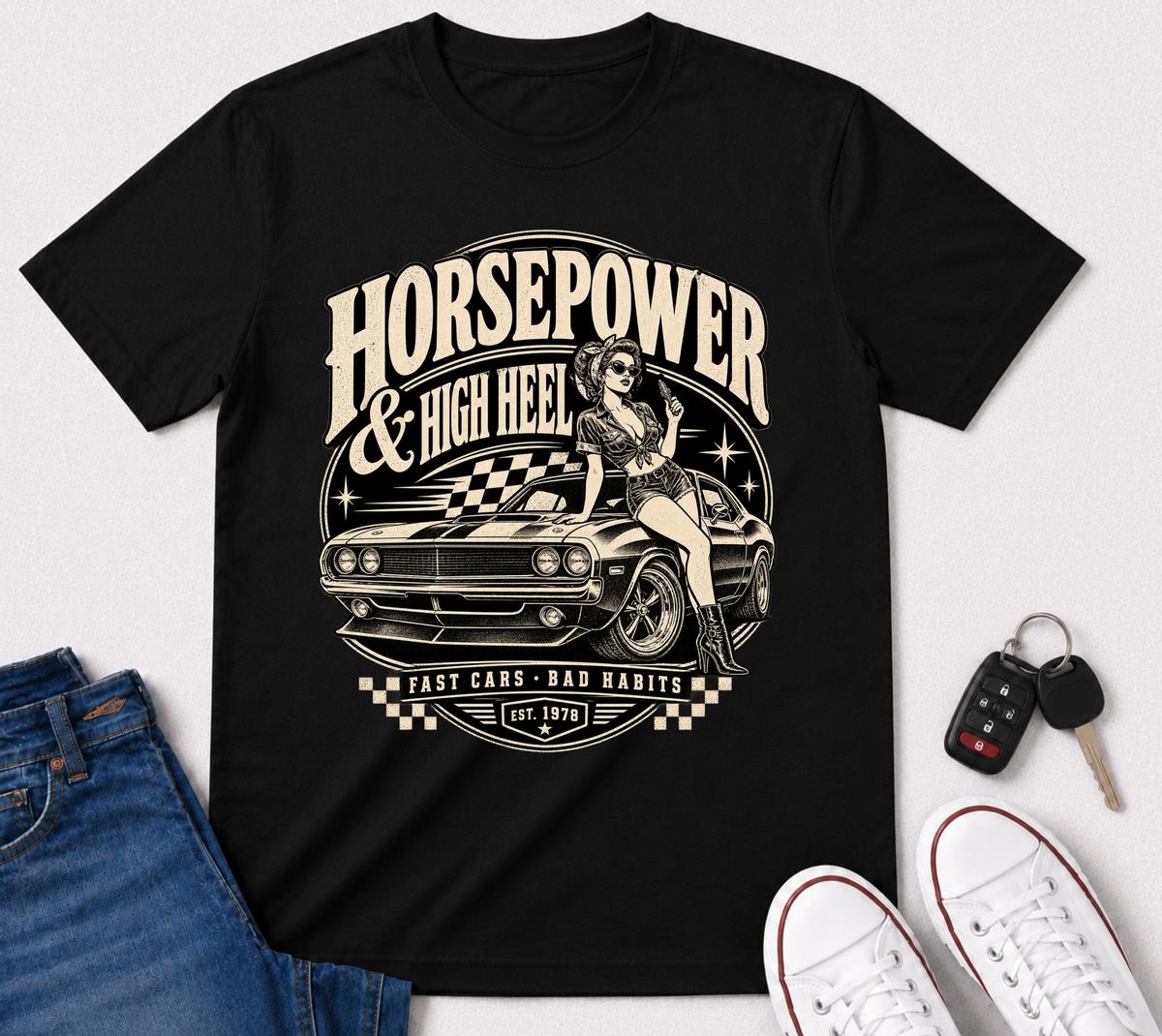 Horsepower & High Heel Car Tee — Vintage Pinup Muscle Car Graphic T-Shirt