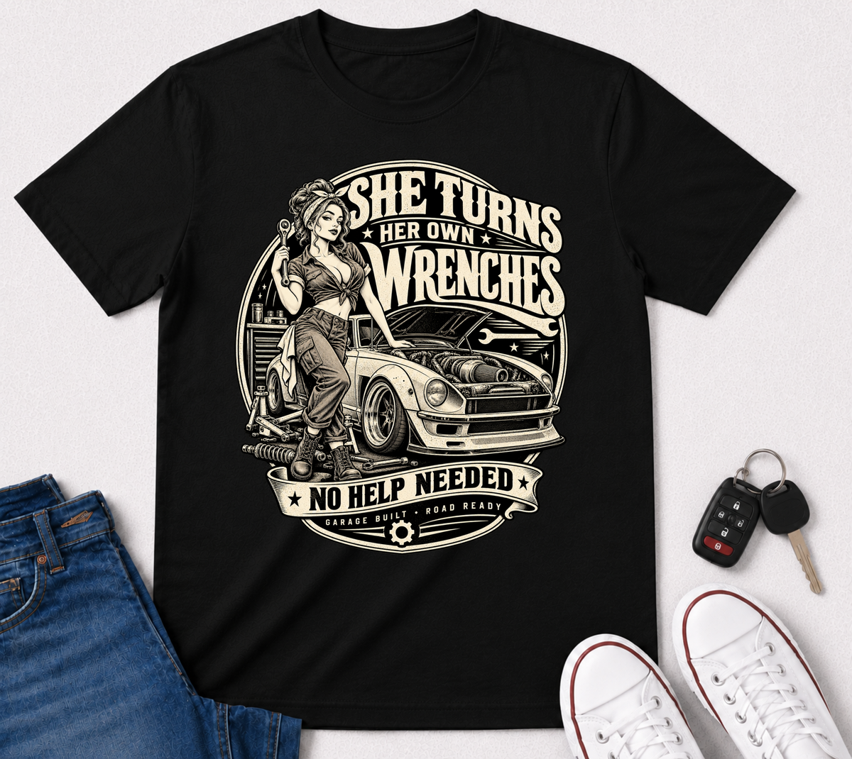 She Turns Her Own Wrenches T-Shirt — Empowered Female Mechanic Vintage Graphic Tee