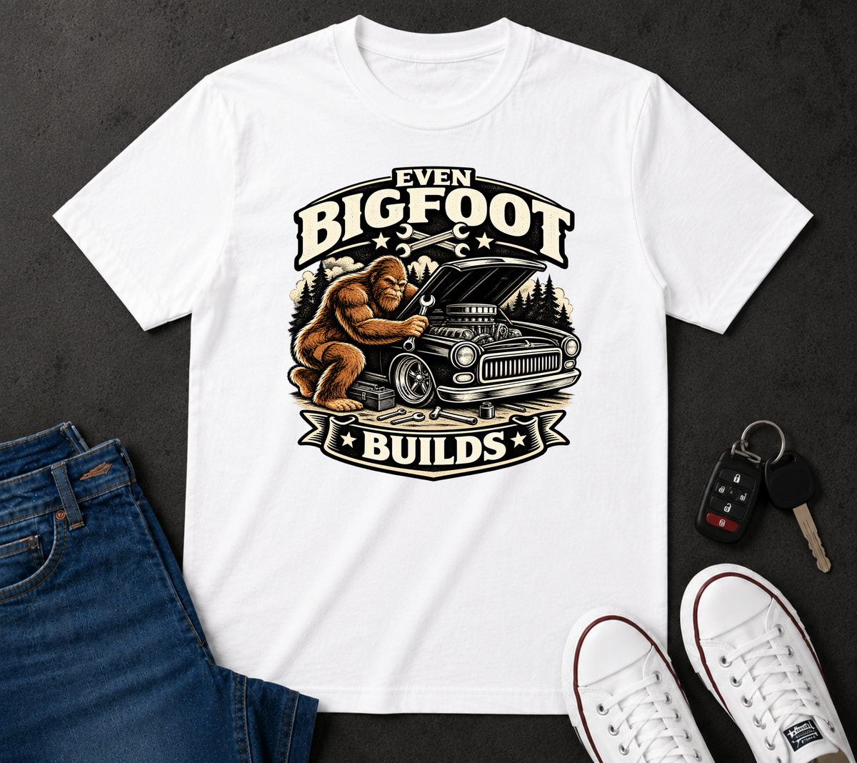 "Sasquatch Builds Too" Hot Rod Mechanic Tee