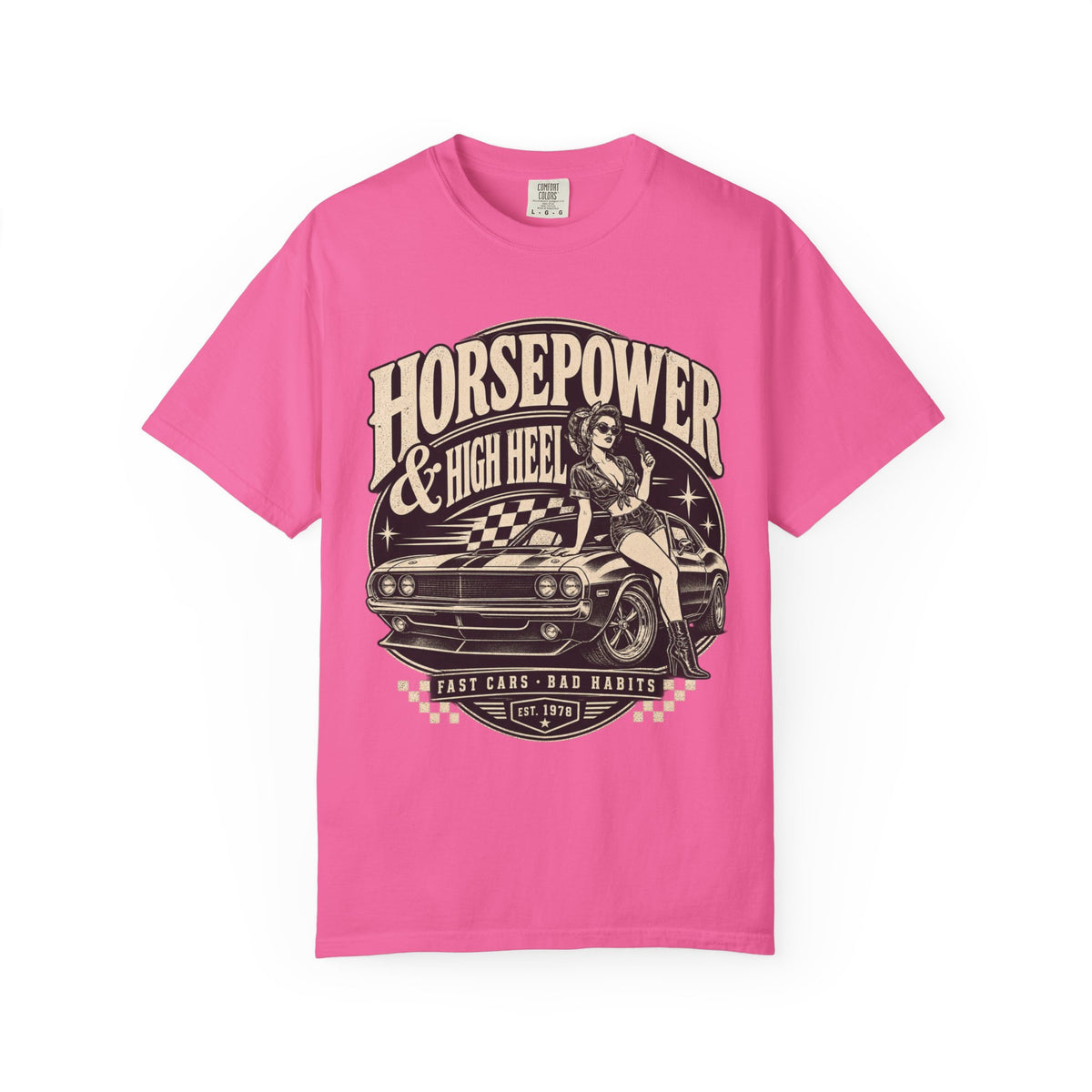 Horsepower & High Heel Car Tee — Vintage Pinup Muscle Car Graphic T-Shirt