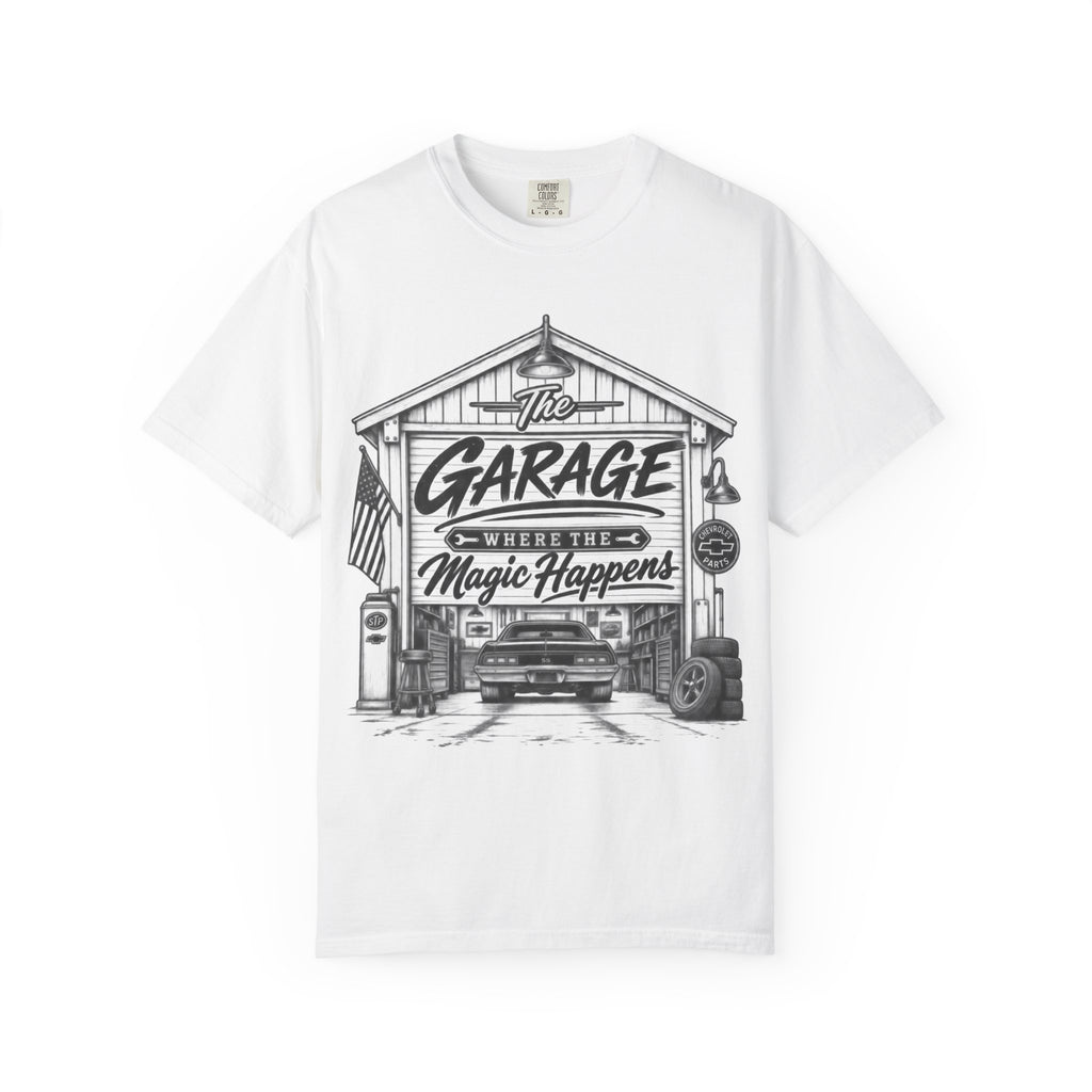 "The Garage Where the Magic Happens" Vintage Car Shop Tee