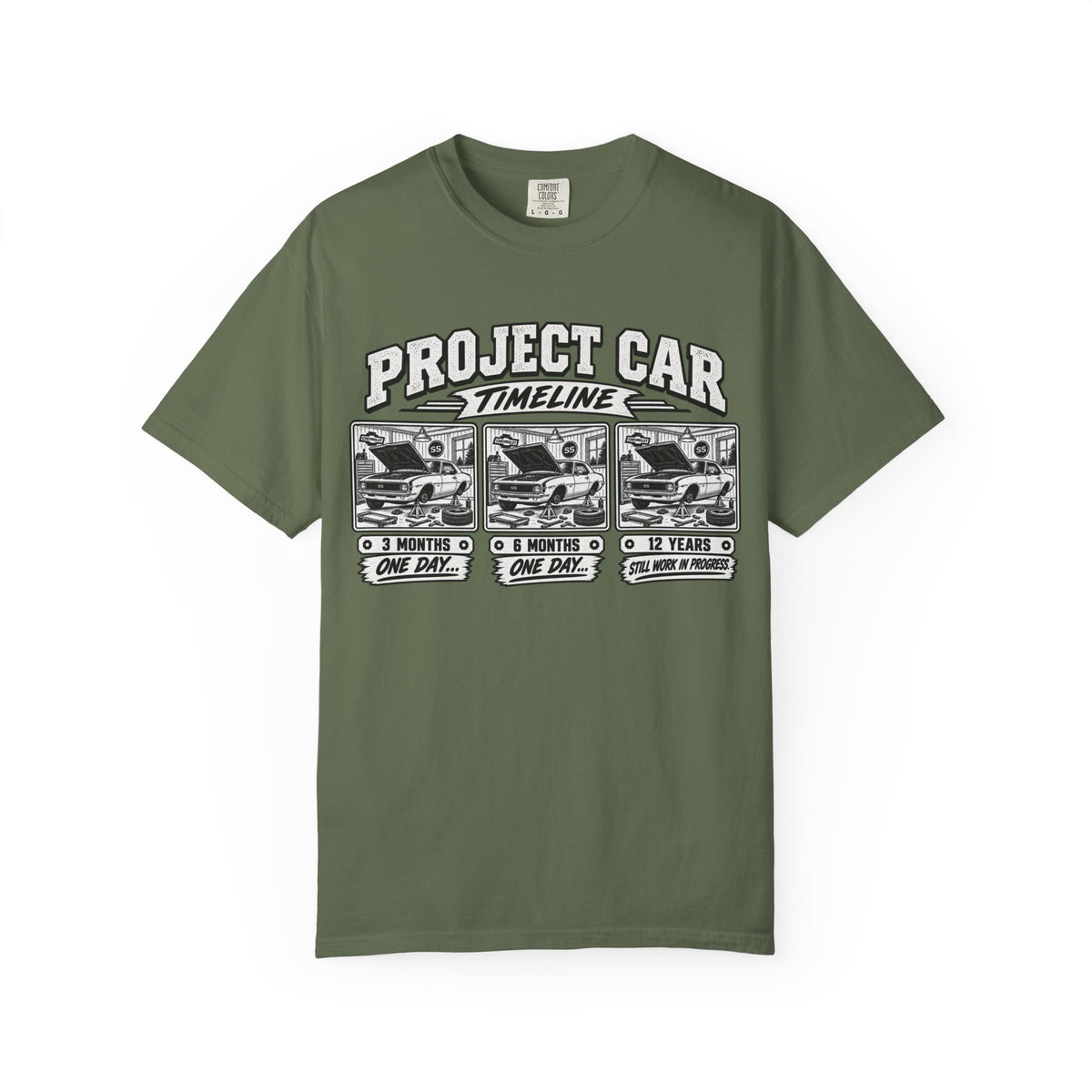 "Project Car: 0 Months, 6 Months, 12 Years" Funny Car Restoration T-Shirt