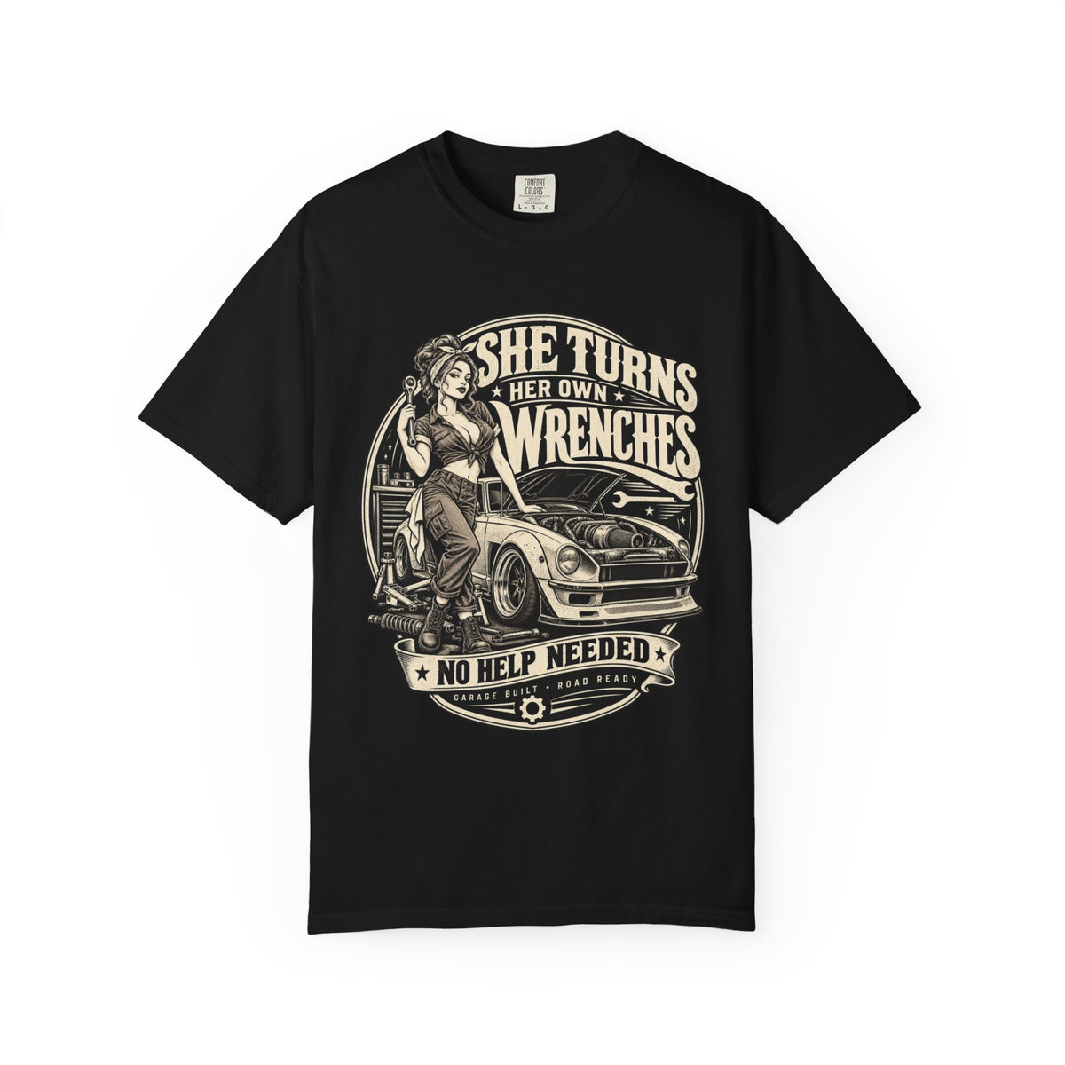 She Turns Her Own Wrenches T-Shirt — Empowered Female Mechanic Vintage Graphic Tee