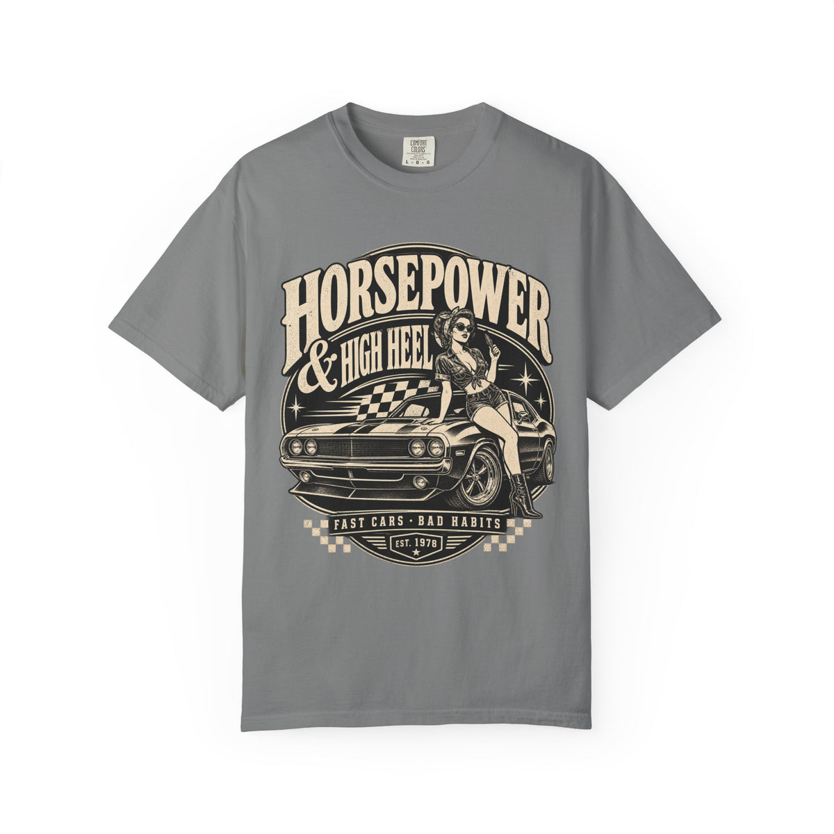 Horsepower & High Heel Car Tee — Vintage Pinup Muscle Car Graphic T-Shirt