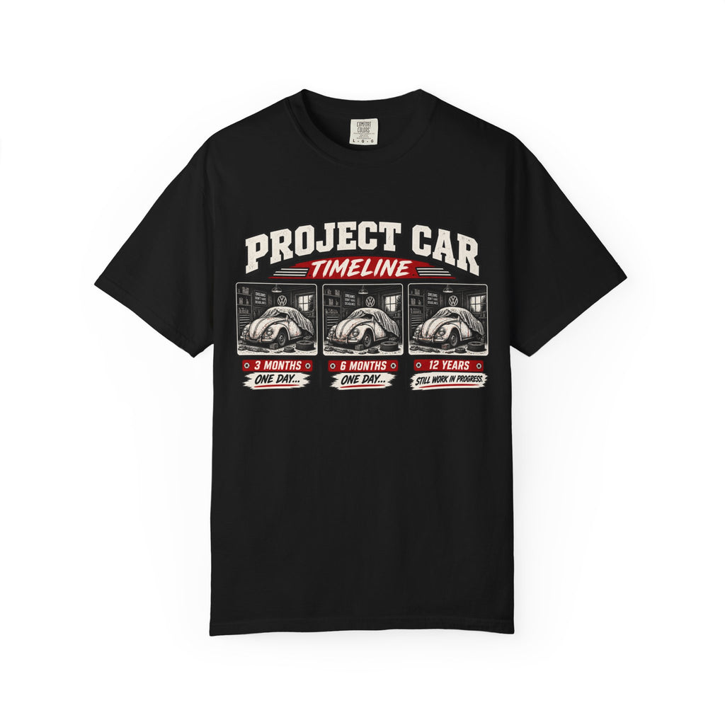 Funny Project Car Timeline T-Shirt – Car Restoration Tee ("3 Months, 6 Months, 12 Years")