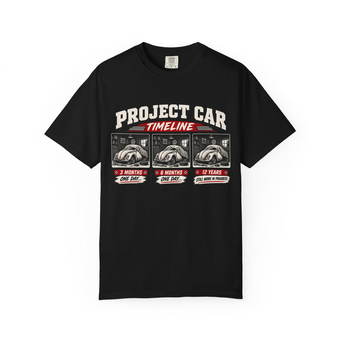 Funny Project Car Timeline T-Shirt – Car Restoration Tee ("3 Months, 6 Months, 12 Years")