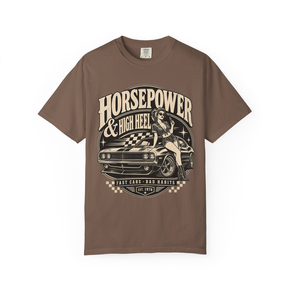 Horsepower & High Heel Car Tee — Vintage Pinup Muscle Car Graphic T-Shirt