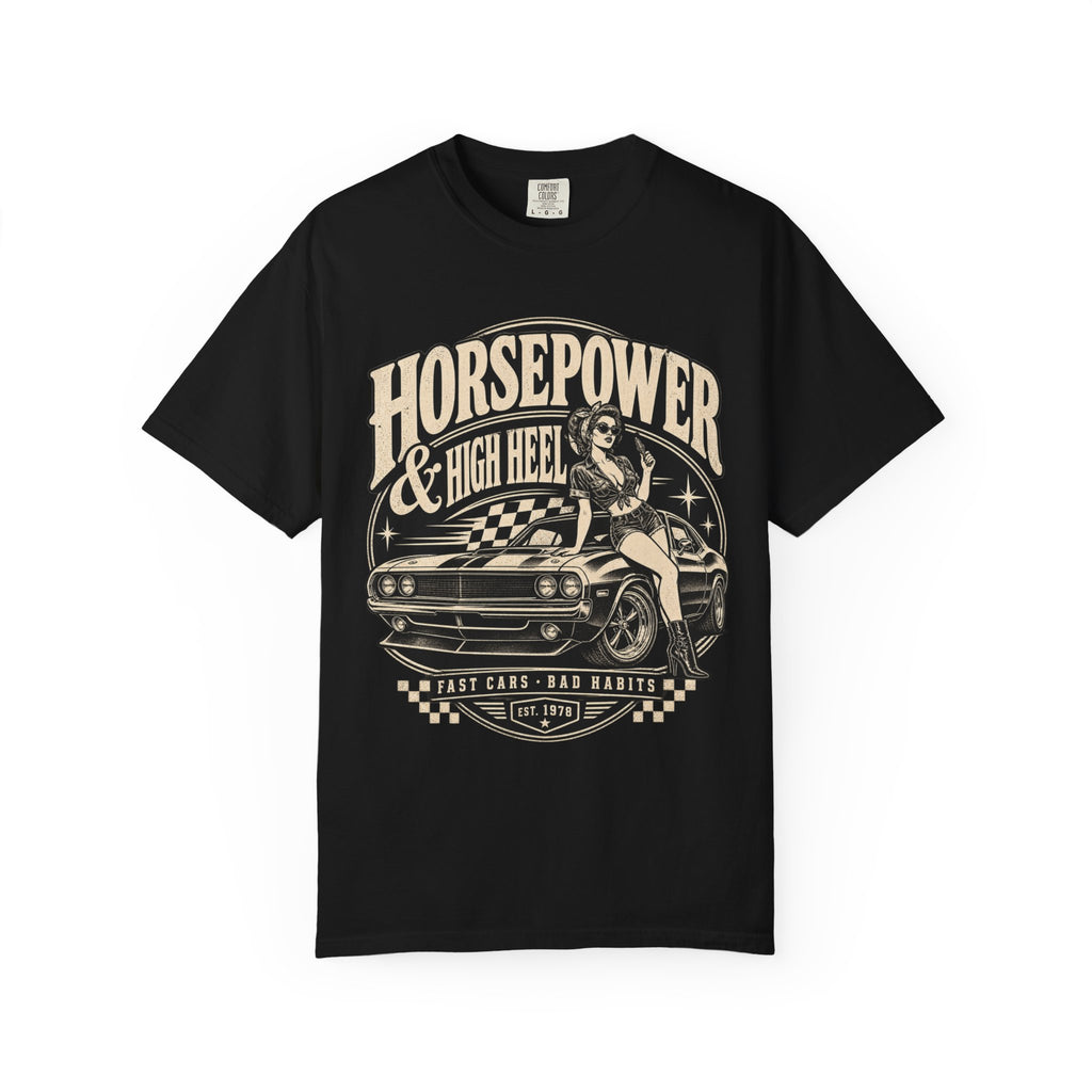 Horsepower & High Heel Car Tee — Vintage Pinup Muscle Car Graphic T-Shirt