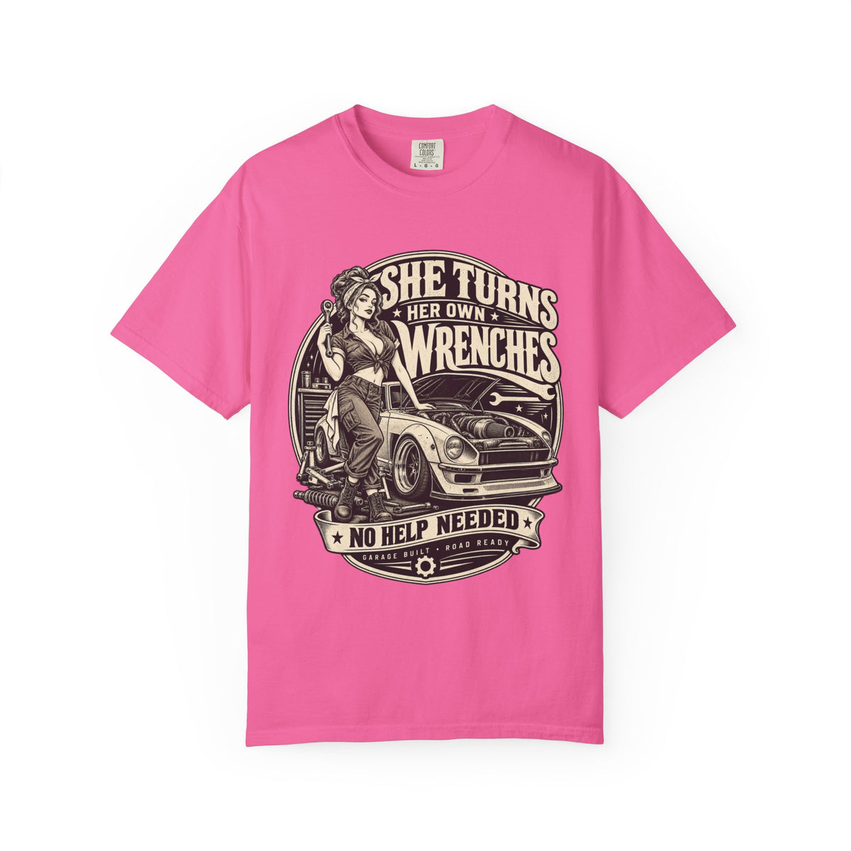 She Turns Her Own Wrenches T-Shirt — Empowered Female Mechanic Vintage Graphic Tee