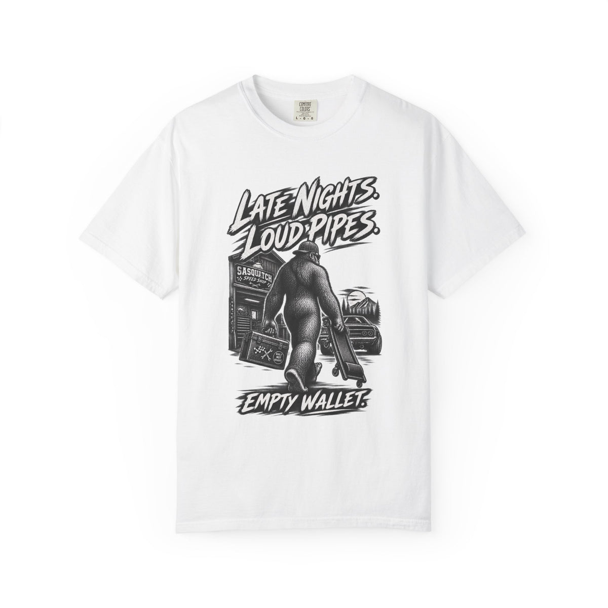 "Late Nights, Loud Pipes, Empty Wallet" Retro Sasquatch Graphic Tee
