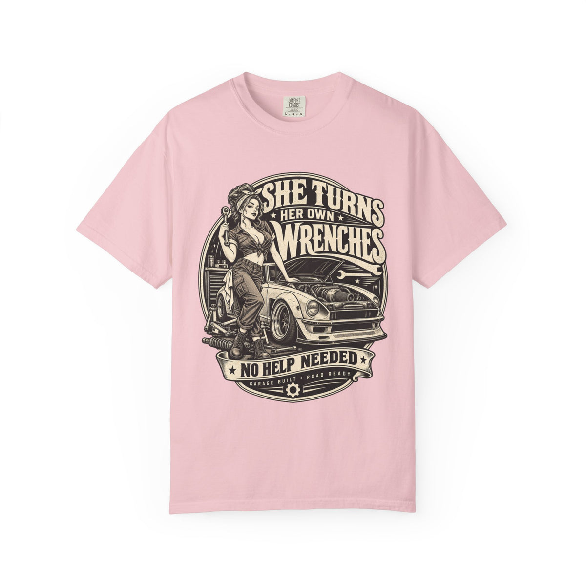 She Turns Her Own Wrenches T-Shirt — Empowered Female Mechanic Vintage Graphic Tee