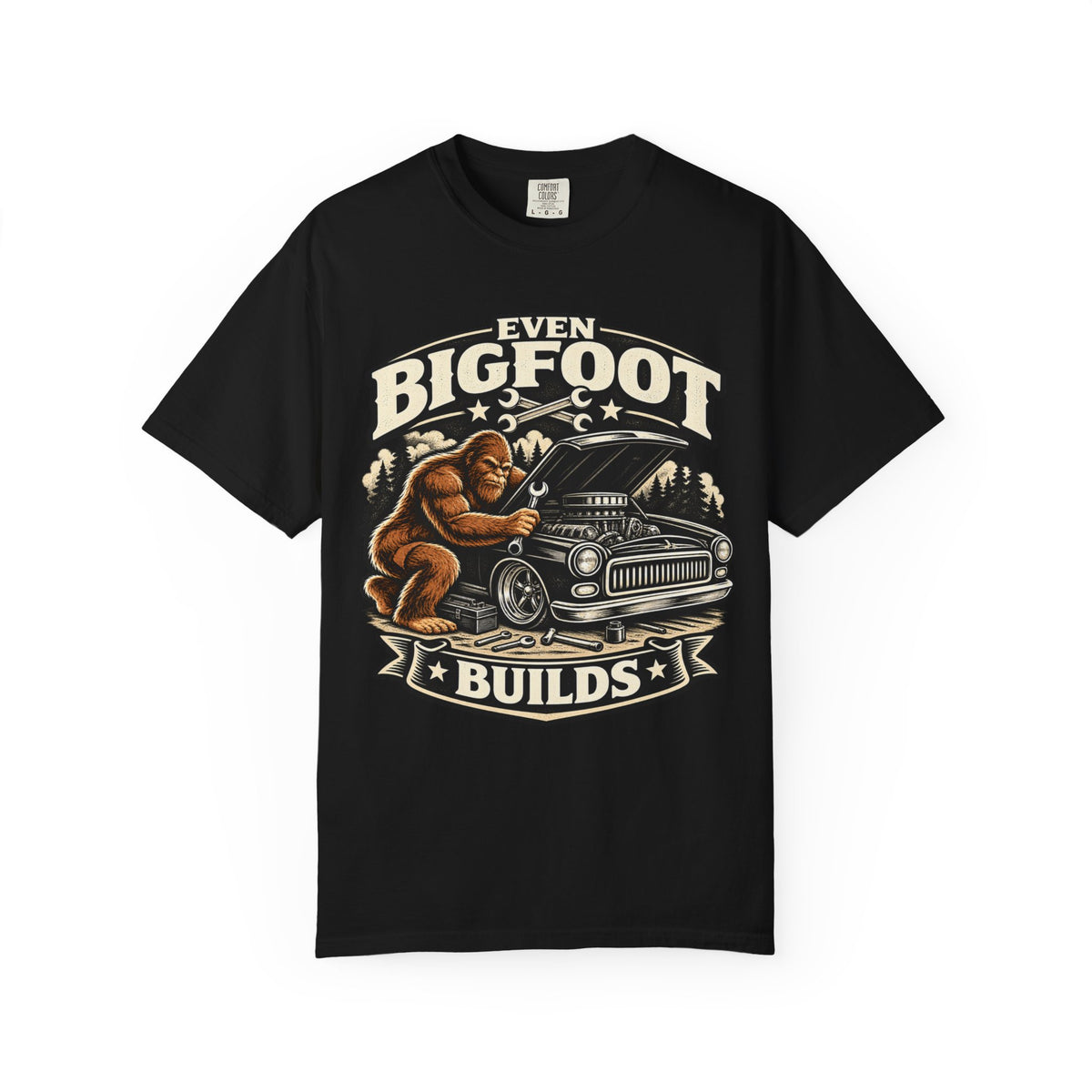 "Sasquatch Builds Too" Hot Rod Mechanic Tee