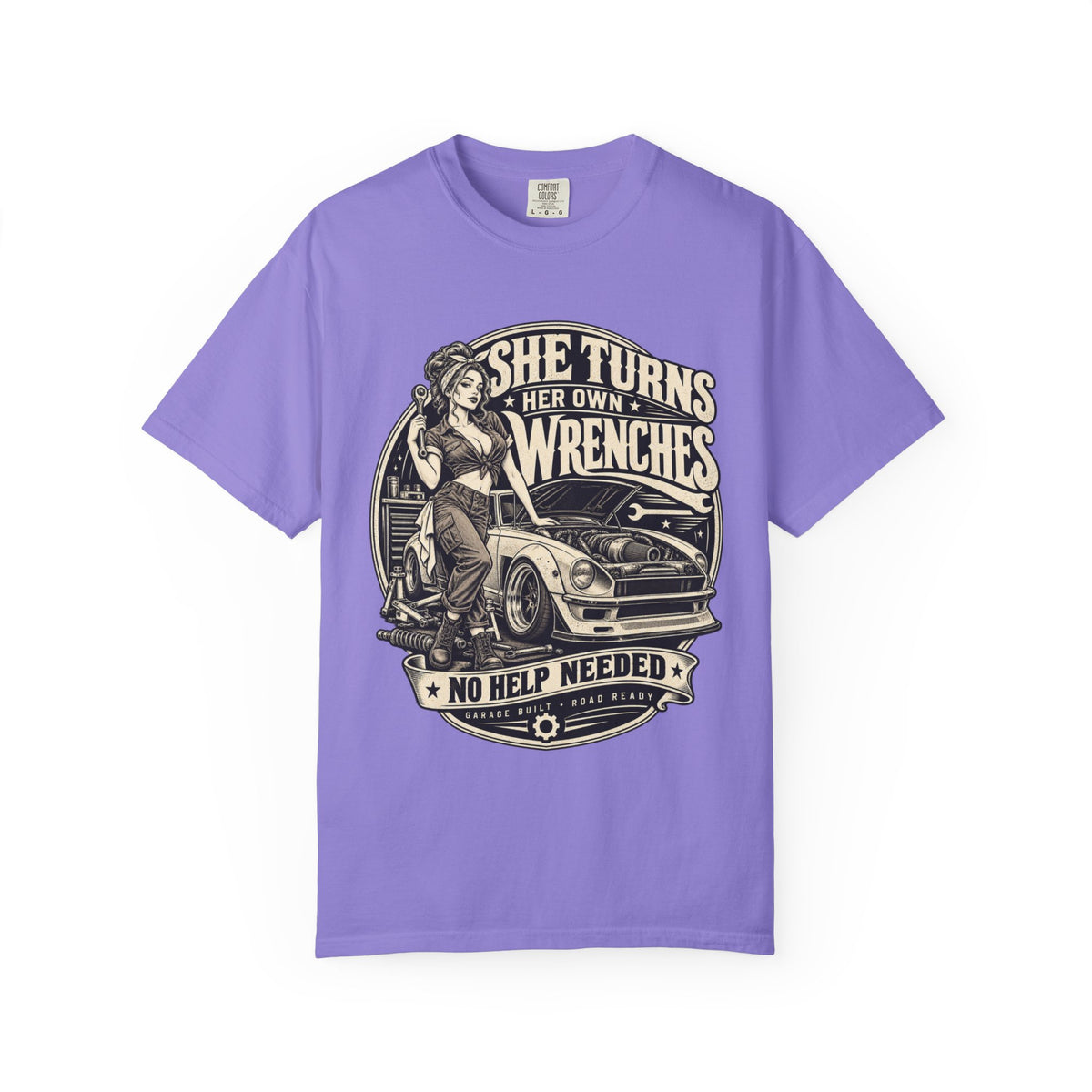 She Turns Her Own Wrenches T-Shirt — Empowered Female Mechanic Vintage Graphic Tee