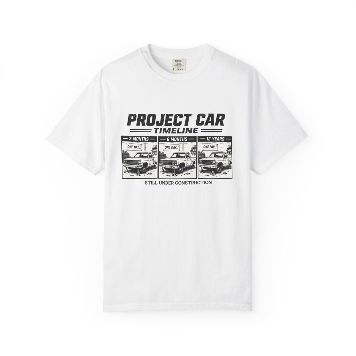 Project Car Timeline T-Shirt — "Project Car: Still Under Construction" Auto Mechanic Tee