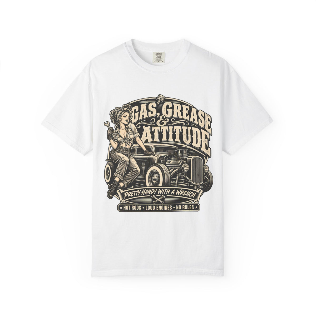 Gas, Grease & Attitude T-Shirt — Vintage Hot Rod Pinup Auto Mechanic Tee